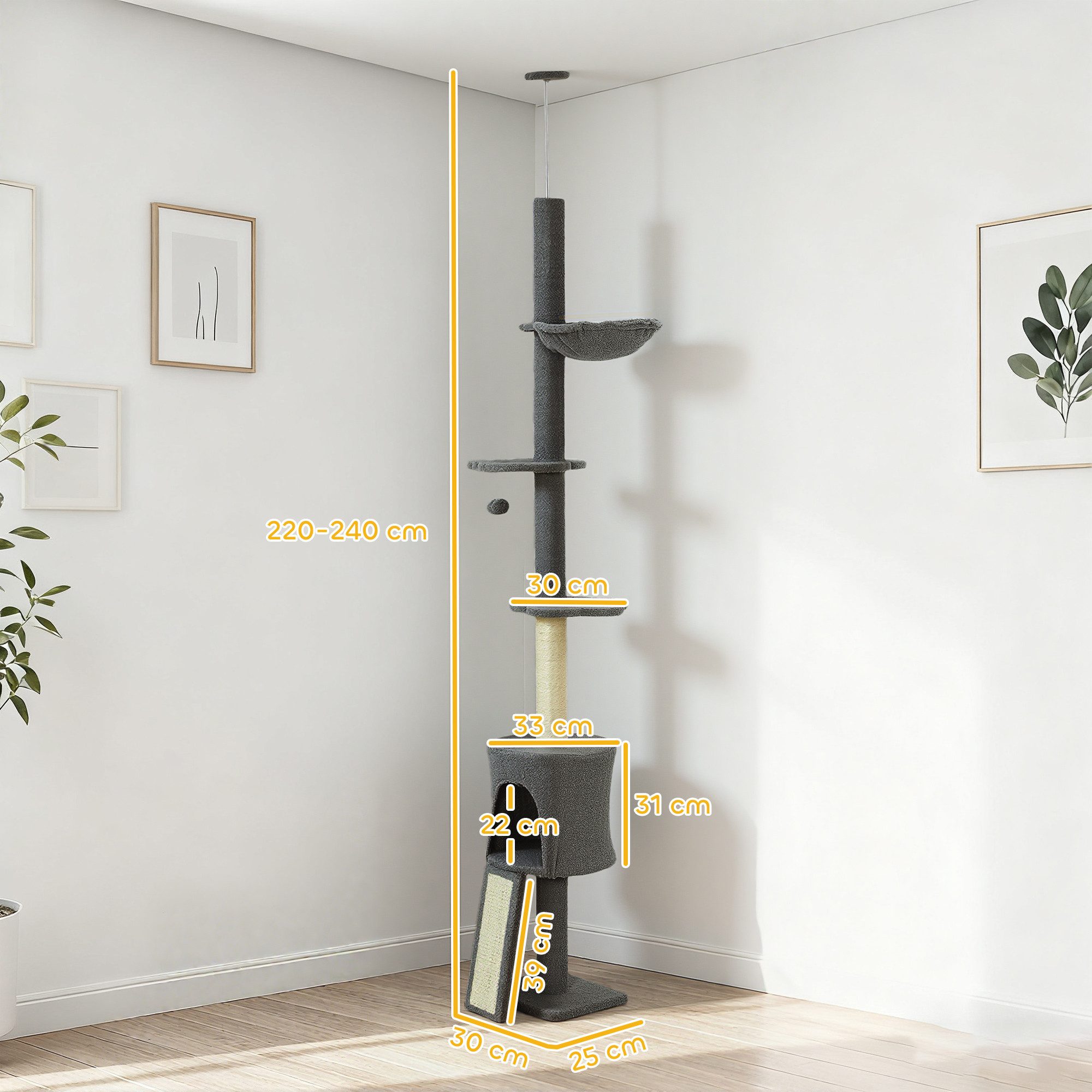 PawHut Kratzbaum mit Hängematte, Spielbällen, Höhenverstellbar, Dunkelgrau