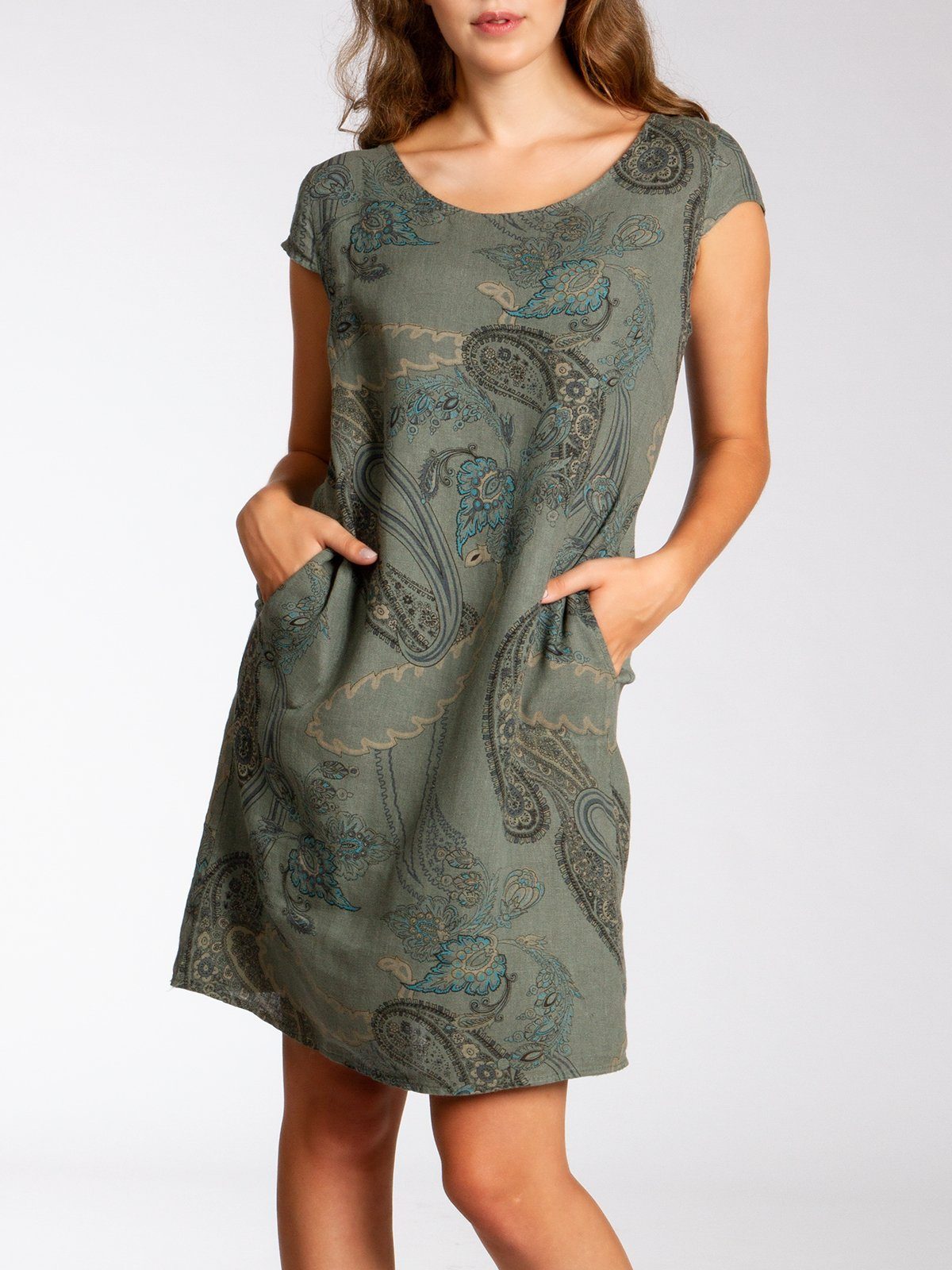 Caspar Sommerkleid SKL022 Damen Sommer Leinenkleid mit Paisley Print bis Größe 50 Luftig leicht, figurumspielende Form, mit seitlichem Jersey-Einsatz