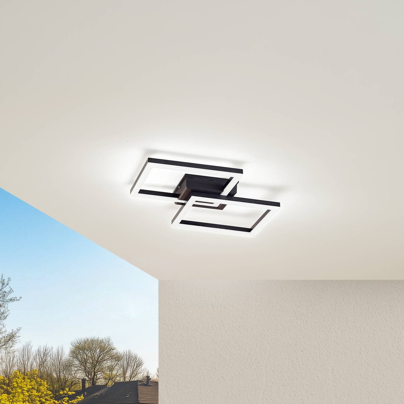 Lindby Außen-Deckenleuchte Finian, Kunststoff Schwarz Farbwechsel warmweiß / tageslicht IP54, LED 23,5 W gesamt, Farbwechsel warmweiß / tageslicht