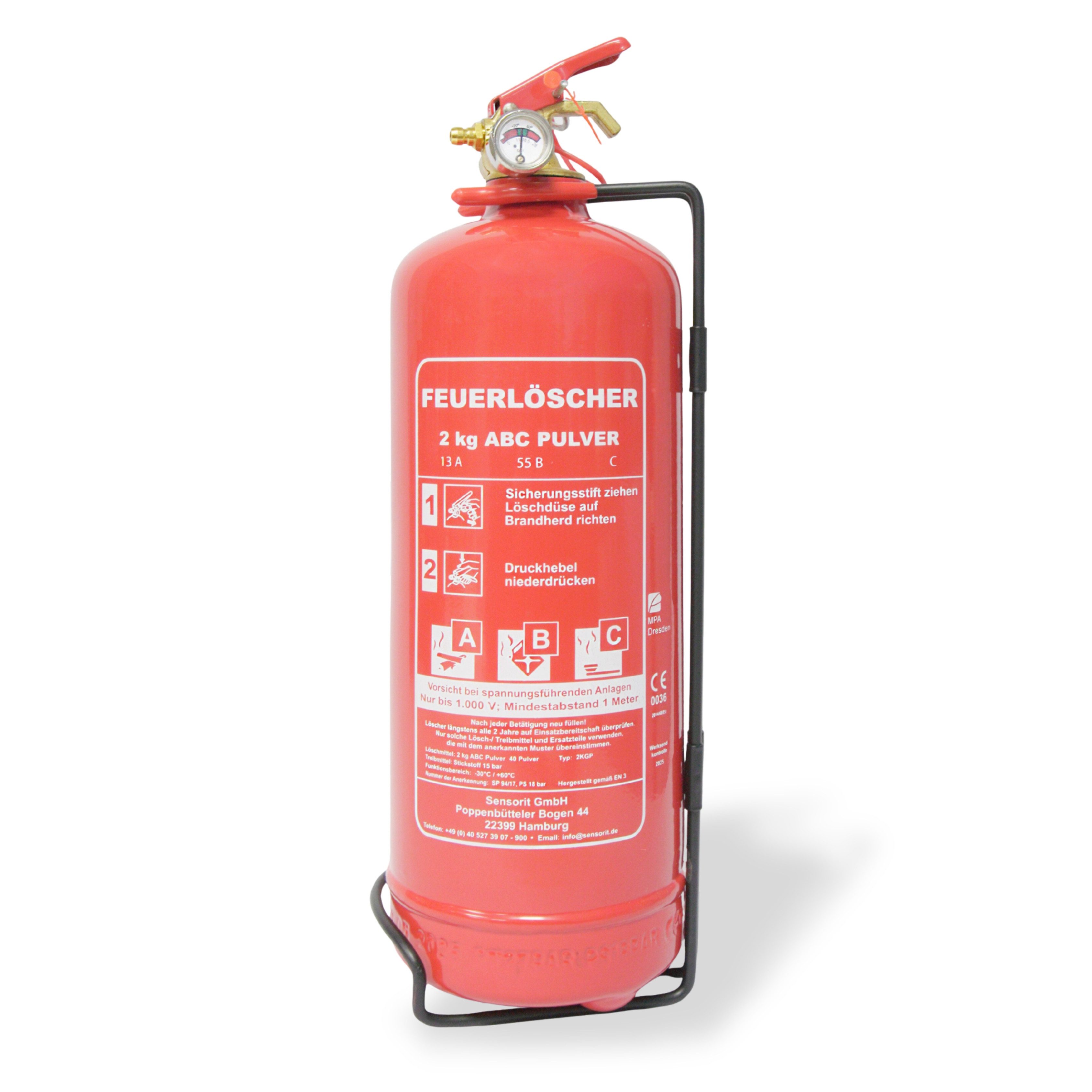Pulver-Feuerlöscher 2kg Feuerlöscher, Autolöscher, Pulver mit Halterung und Prüfschild