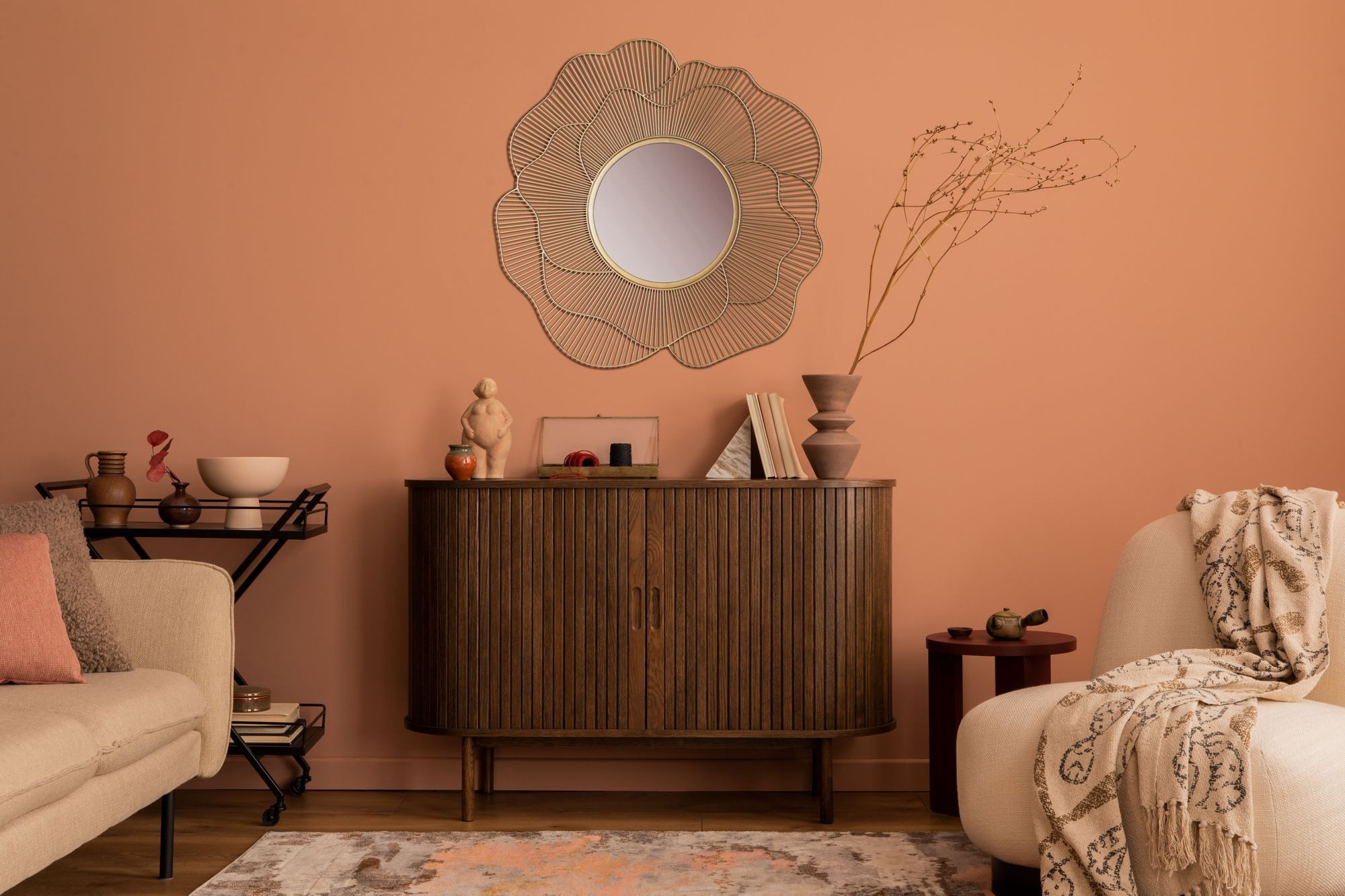 FINEBUY Wandspiegel Flurspiegel Rose Metall 77 cm Spiegel Flur Hängespiegel FB102978 (Hängespiegel Modern, Flurspiegel Garderobenspiegel), Gold Metall 77 cm, Dekospiegel Wand Rosenblüte
