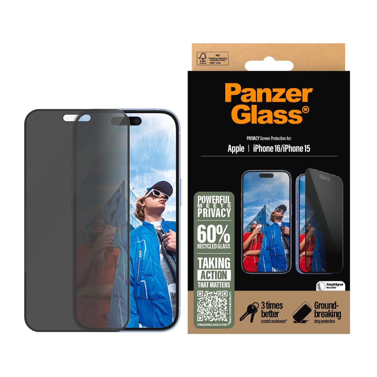 PanzerGlass Displayschutzglas Privacy Screen Protection für Apple iPhone 15, Apple iPhone 16, Displayschutzfolie, Schutzfolie, Bildschirmschutz, kratz- & stoßfest