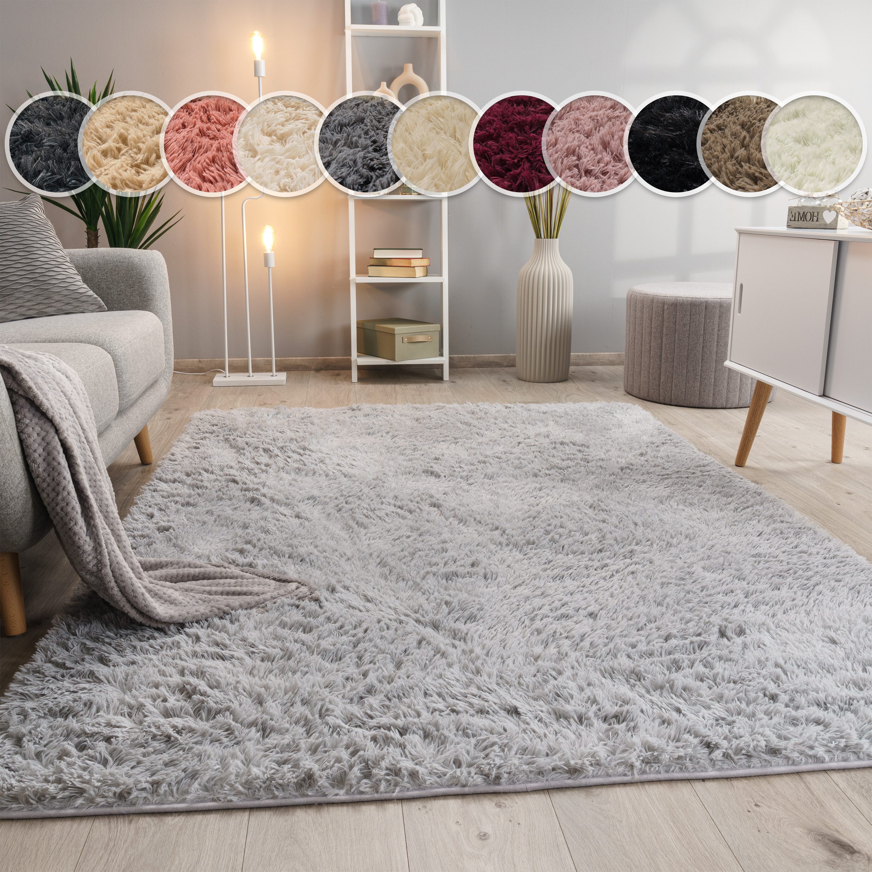 Paco Home Hochflor-Teppich Silky 591, rechteckig, Höhe: 37 mm, Uni-Farben, besonders weich und kuschelig, Wohnzimmer