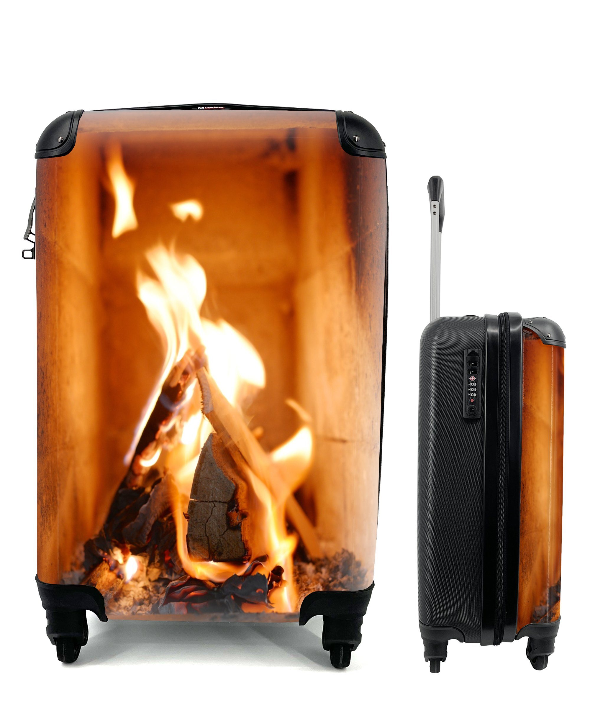 MuchoWow Handgepäckkoffer Verbrennung von Holz in einem Kamin, 4 Rollen, Reisetasche mit rollen, Handgepäck für Ferien, Trolley, Reisekoffer