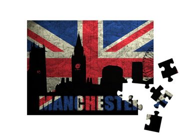 puzzleYOU Puzzle Skyline von Manchester auf Grunge-Flagge, 48 Puzzleteile, puzzleYOU-Kollektionen Manchester