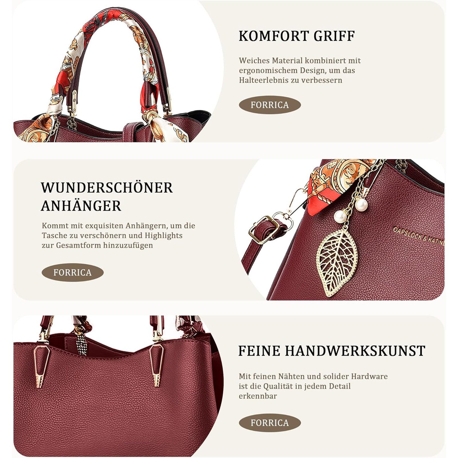 OKWISH Henkeltasche Damen-Handtasche Umhängetasche Tragetasche Aktentasche Tasche Damen (abnehmbarer Schulterriemen vielseitig tragbar Alltags Business-Tasche, 1-tlg., Drei Hauptfächer Reißverschluss- und Handyfach), für Alltag Reisen Partys Büro oder besondere Anlässe kombinierbar