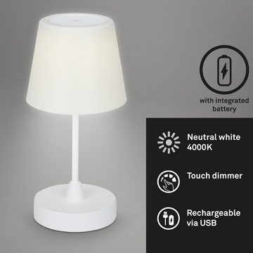 Briloner Leuchten LED Außen-Tischleuchte 7032-416, Spritzwasserschutz, dimmbar, Touch, USB-Aufladung, Akku, LED fest verbaut, Neutralweiß, Tischlampe kabellos, 30x14,5cm, Weiß, 3W, Schlafzimmer, Wohnzimmer