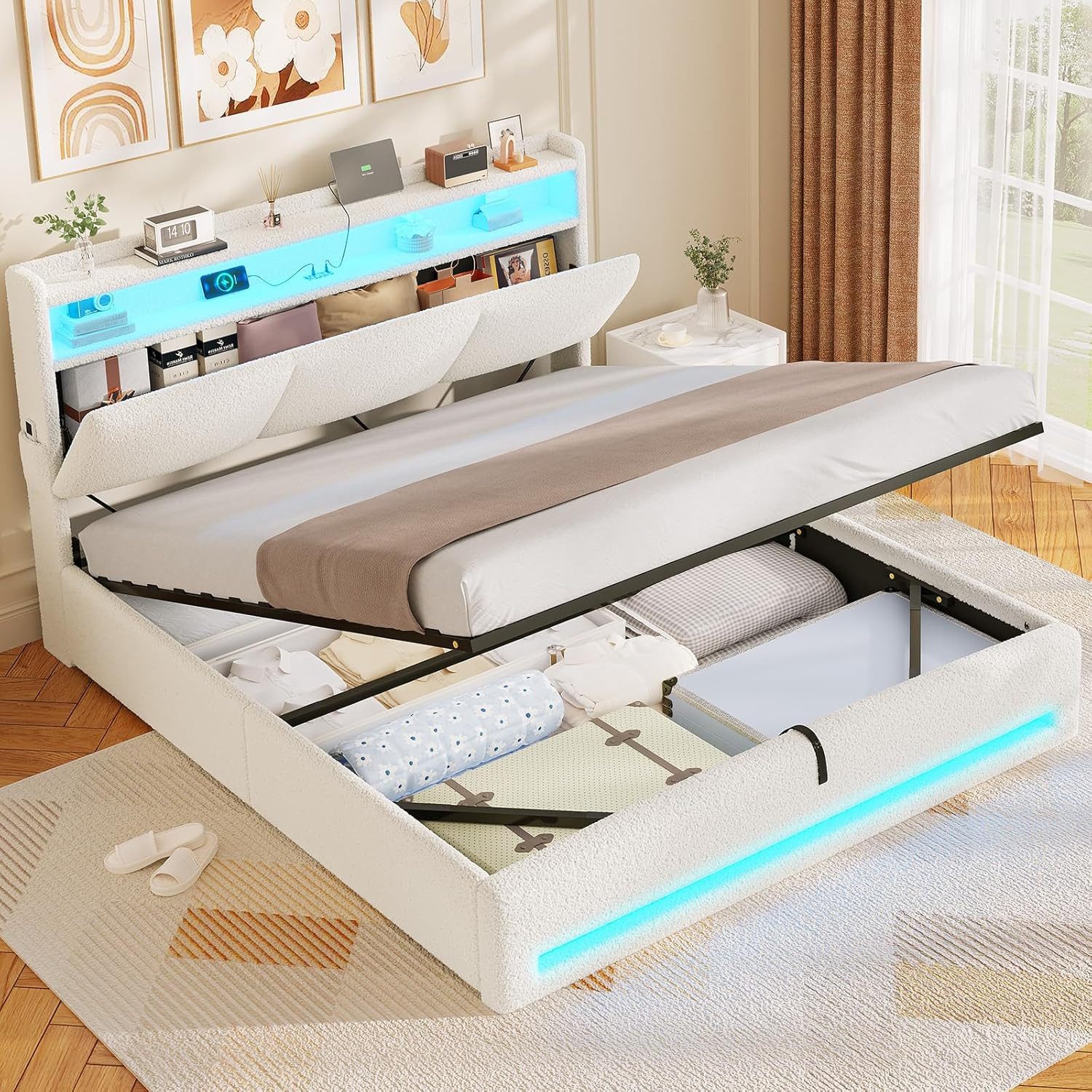 MSMASK Polsterbett mit Steckdosen und LED-Beleuchtung, Doppelbett mit Stauraum Kopfteil (1-tlg., Ohne Matratze), Hydraulik-Stauraumbett, Jugendbett 140x190cm – Bild 3 von 5