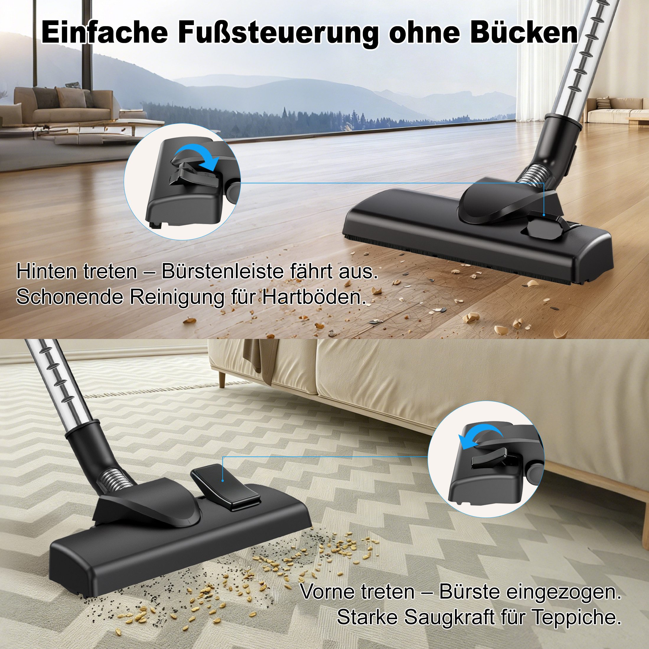 ibettertec Bodenstaubsauger staubsauger beutellos, Hygiene-Filter, hohe Saugkraft, 900 W, kompakt für Hartboden/Teppich, Turbodüse, Polsterdüse, 6m langes Kabel