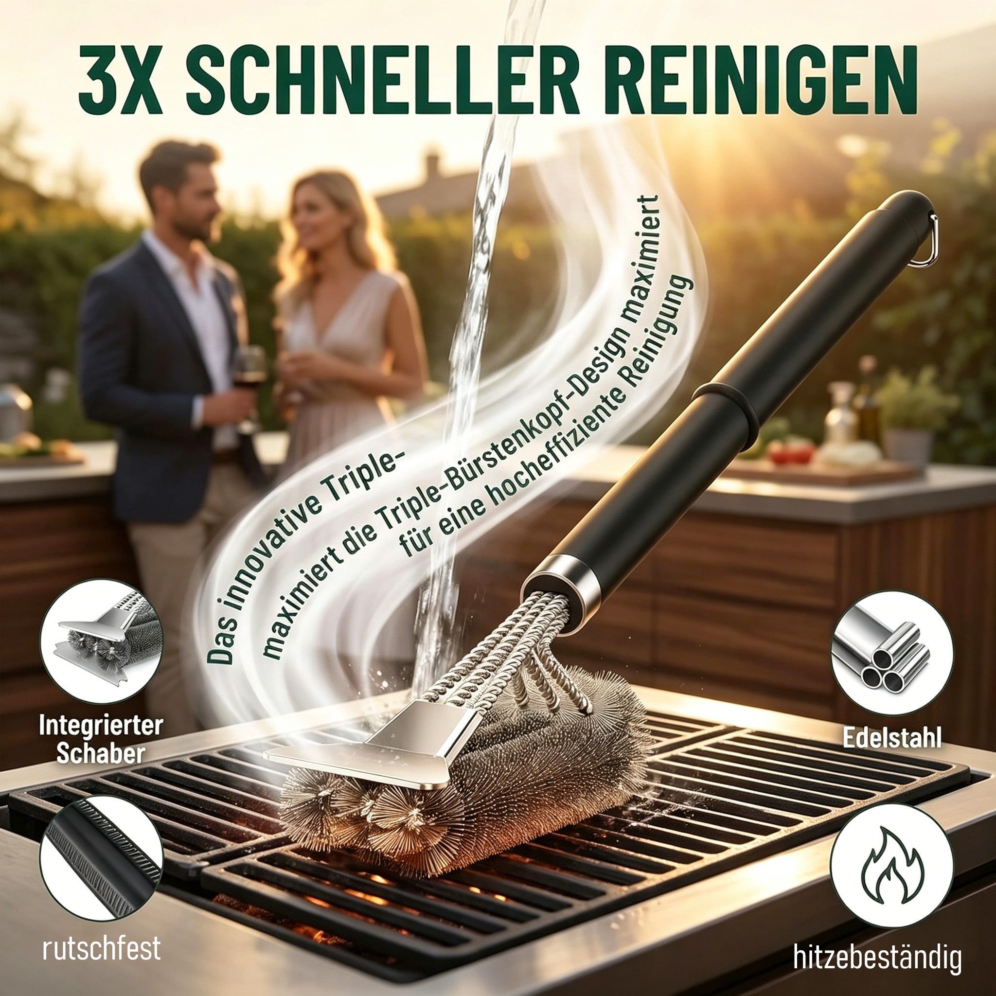 Forrlite Grillbürste Premium Edelstahl 3-in-1 Grillbürste 42 cm, Schaber & dichte Borsten, (Premium Edelstahl 3-in-1 Grillbürste mit Schaber, PP-Isoliergriff, 42 cm lange Reinigungsbürste, dicht gebundene Borsten für Gasgrill, Holzkohlegrill und Grillrost)