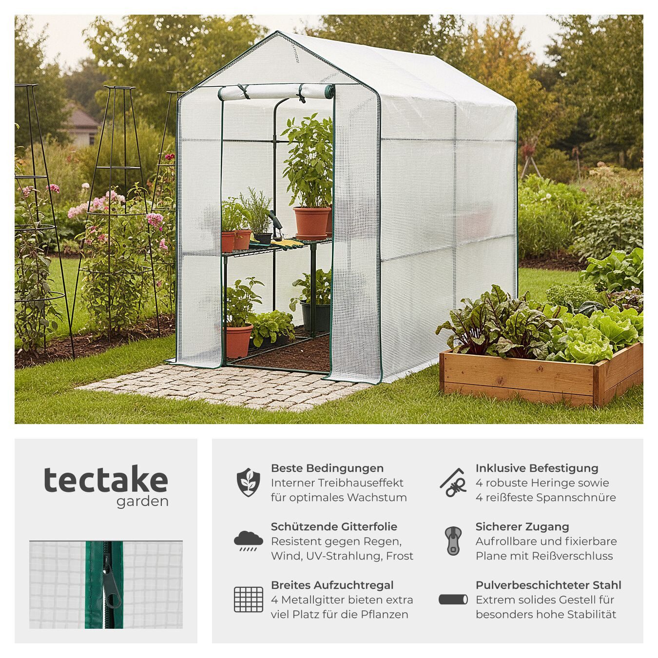 tectake Gewächshaus Foliengewächshaus mit Plane, Set, inklusive Spannseile und Heringe, 186 x 120 x 190 cm, 3,6 m³, mit 4 Regalebenen