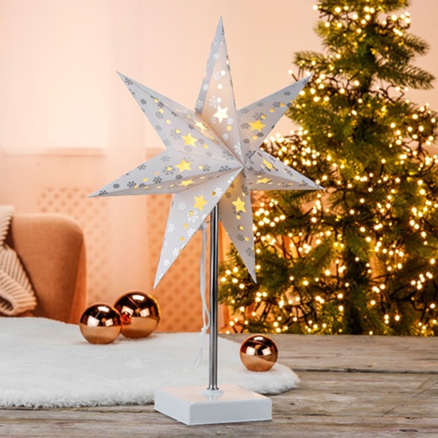 Mojawo Lichtervorhang LED Papierstern Weihnachtstern Dekostern Tischlampe  H47cm Batterie