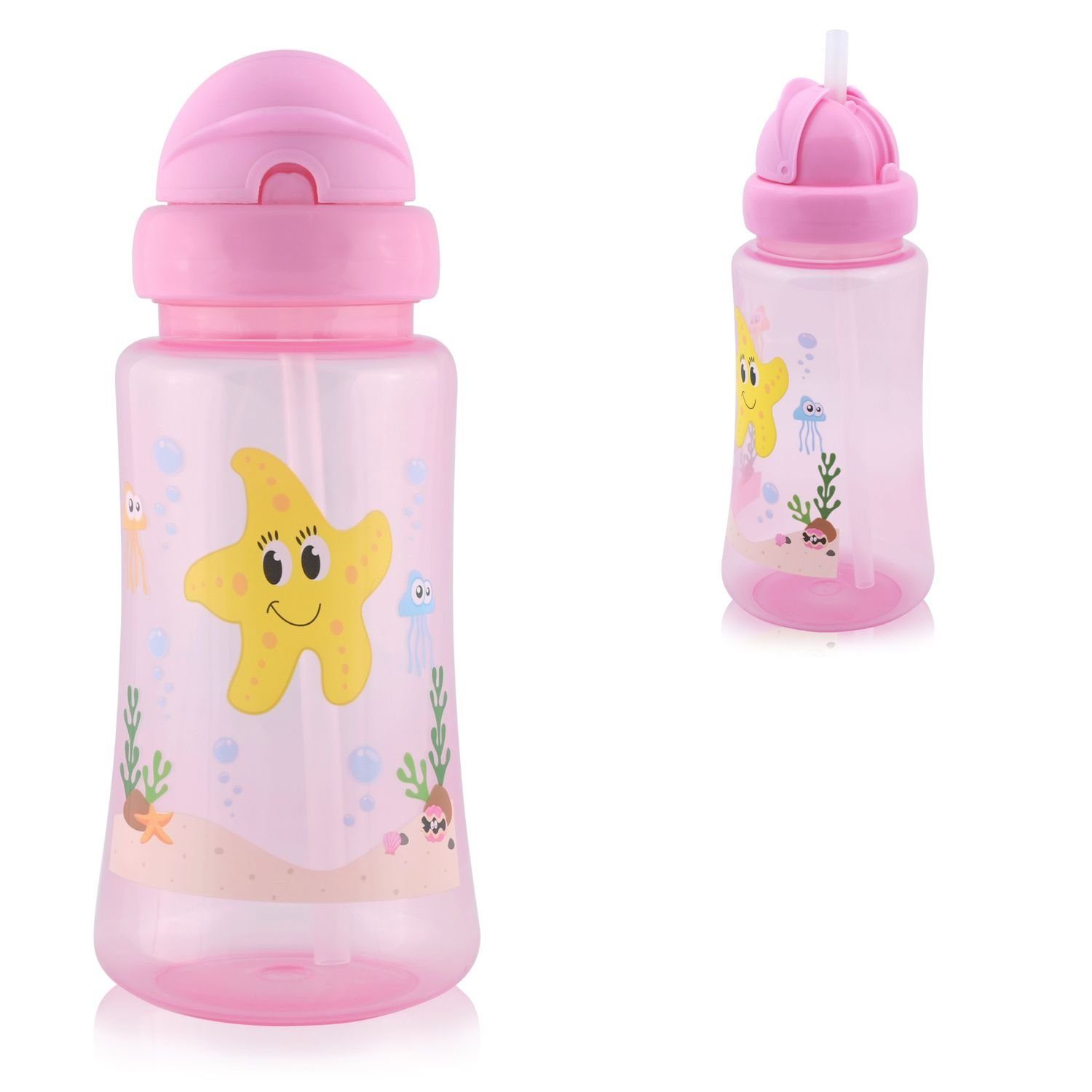 Baby Care Trinkflasche Trinkflasche Sport Sipper 330ml, Strohhalm, Tiere, Schutzdeckel rosa