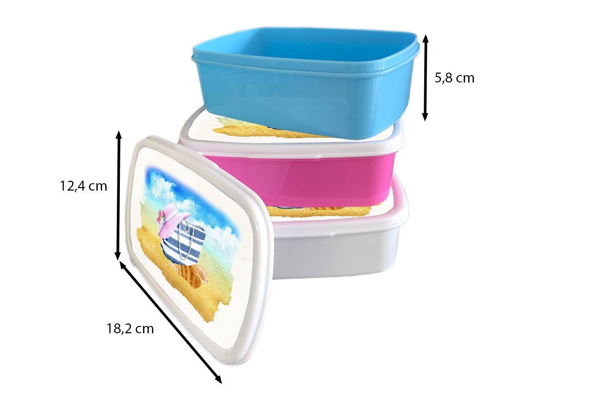 MuchoWow Lunchbox - Brotdose, Tasche Kinder Muschel Strand, Hut für für Kunststoff, - (2-tlg), - Mädchen Jungs und Brotbox weiß Erwachsene, und