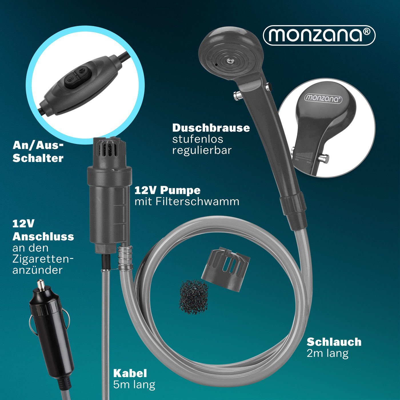 monzana Bewässerungsschlauch, Campingdusche Gartendusche 12V KFZ-Adapter mit Pumpe 2m Schlauch