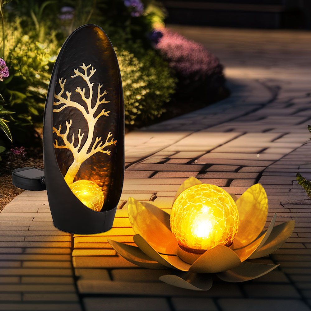 GLOBO LIGHTING LED Solarleuchte, LED-Leuchtmittel fest verbaut, Warmweiß, Solarlampe Außenleuchte Lotusblume Crackleglas amber LED Baummotiv
