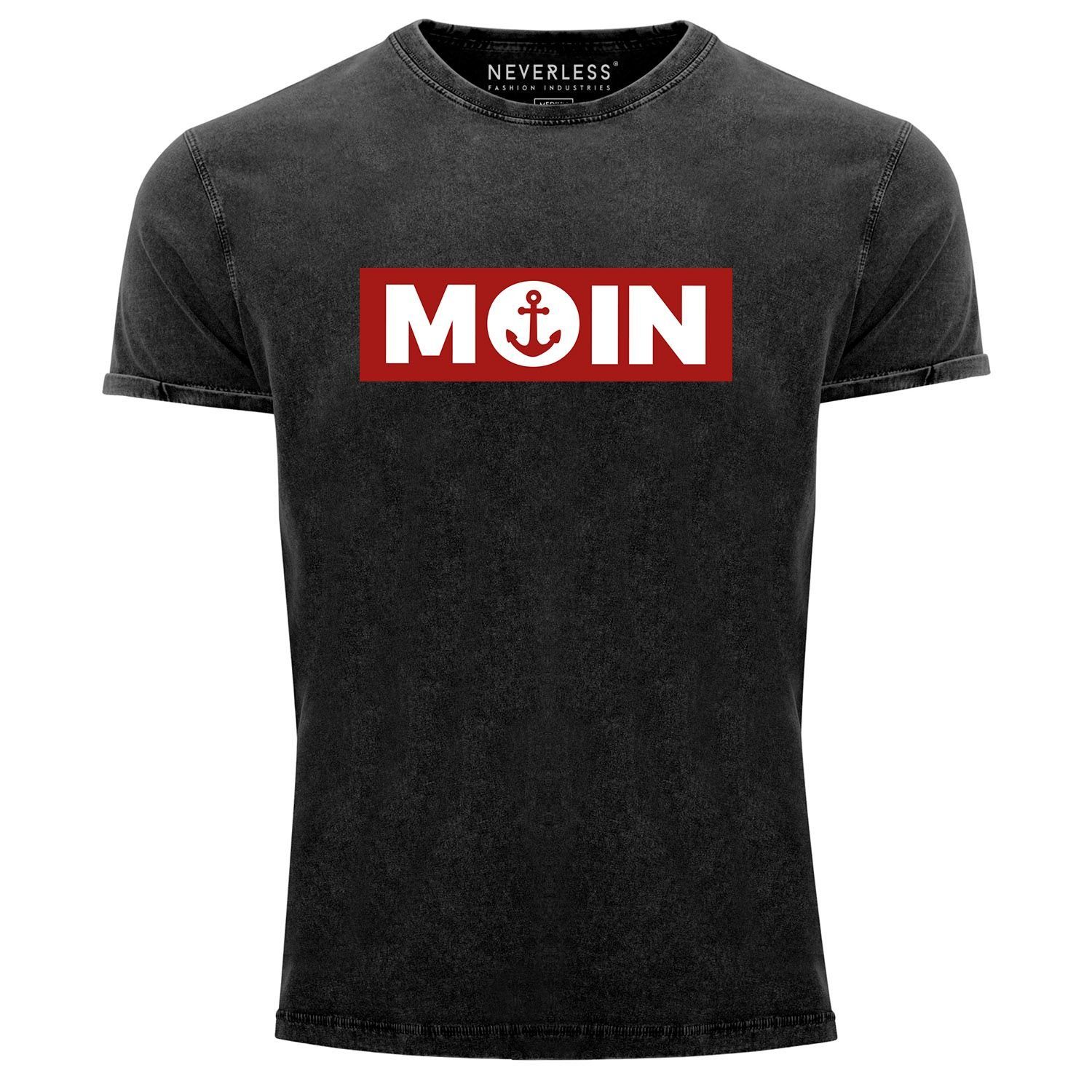 schwarz Moin Printshirt Aufdruck Slim mit Vintage Fit norddeutsch Shirt T-Shirt Anker Print-Shirt Herren Neverless Neverless® Print Look Used Morgen