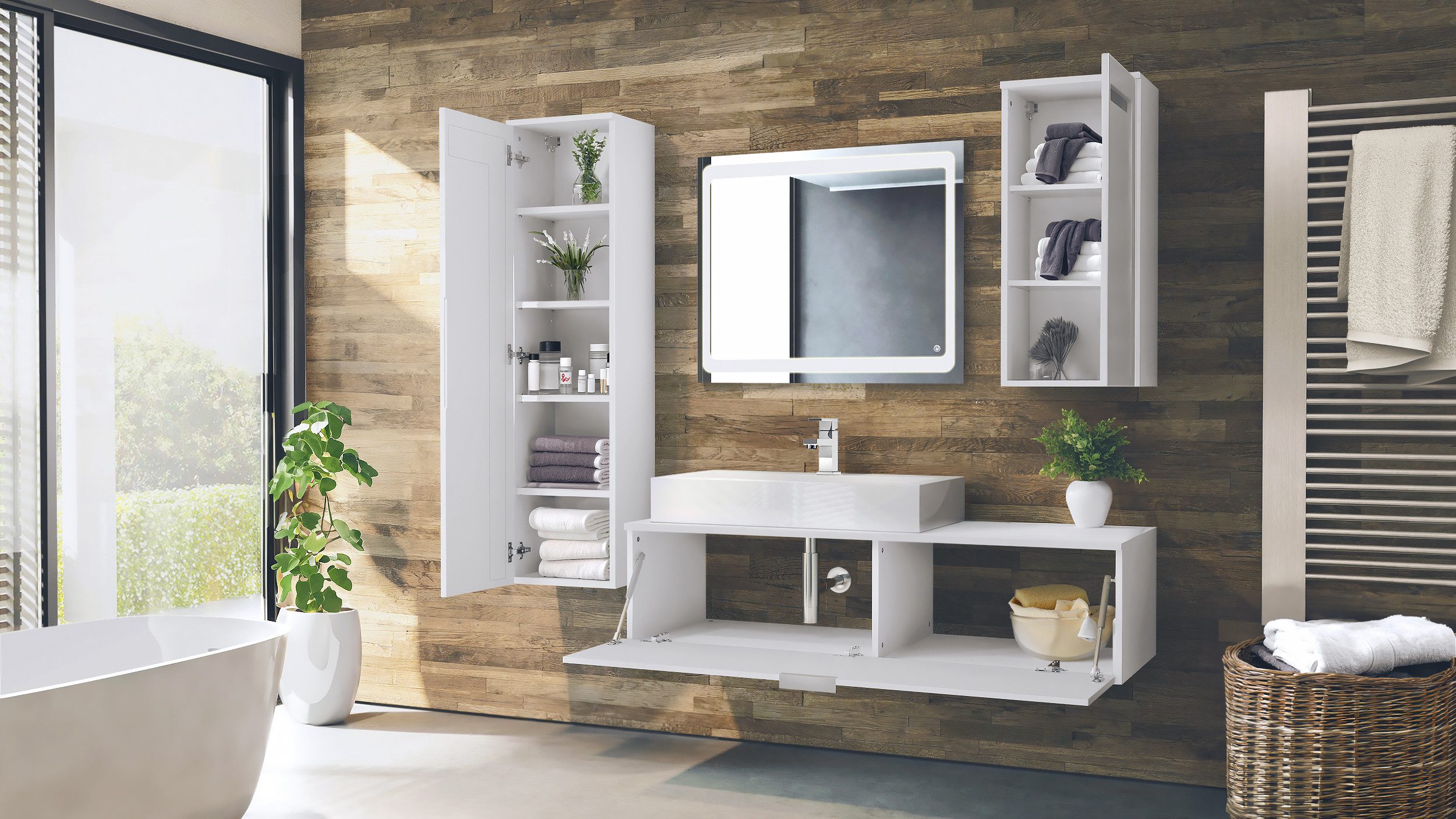 Vladon Badmöbel-Set Aloha, (Badezimmer-Set mit 2 Hochschränken, 1 Unterschrank, LED-Spiegel und 1 Waschbecken mit Armatur), Weiß matt&glänzend, Absetzungen in Bordeaux glänzend (210x51x185 cm)