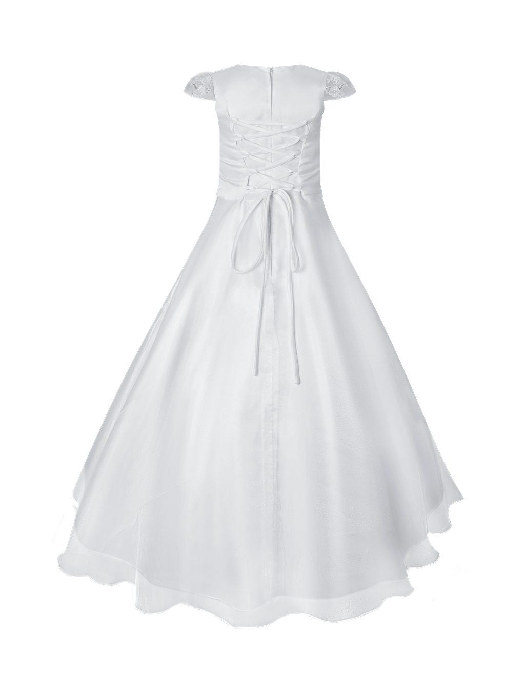Märchenburg Satinkleid Eleganza Blanca Kommunionkleid Prinzessinnenkleid m. Spitze & Reifrock - KOMMUNIONKLEID - Lilie 2026 -zarte Spitzenärmel u. feine Stickereien
