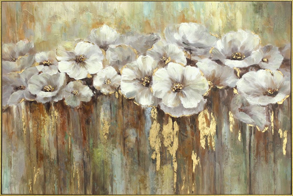 ArtUniverse Gemälde Leinwandbild Weißer Mohn mit Gold 120x80 cm, Naturmotiv