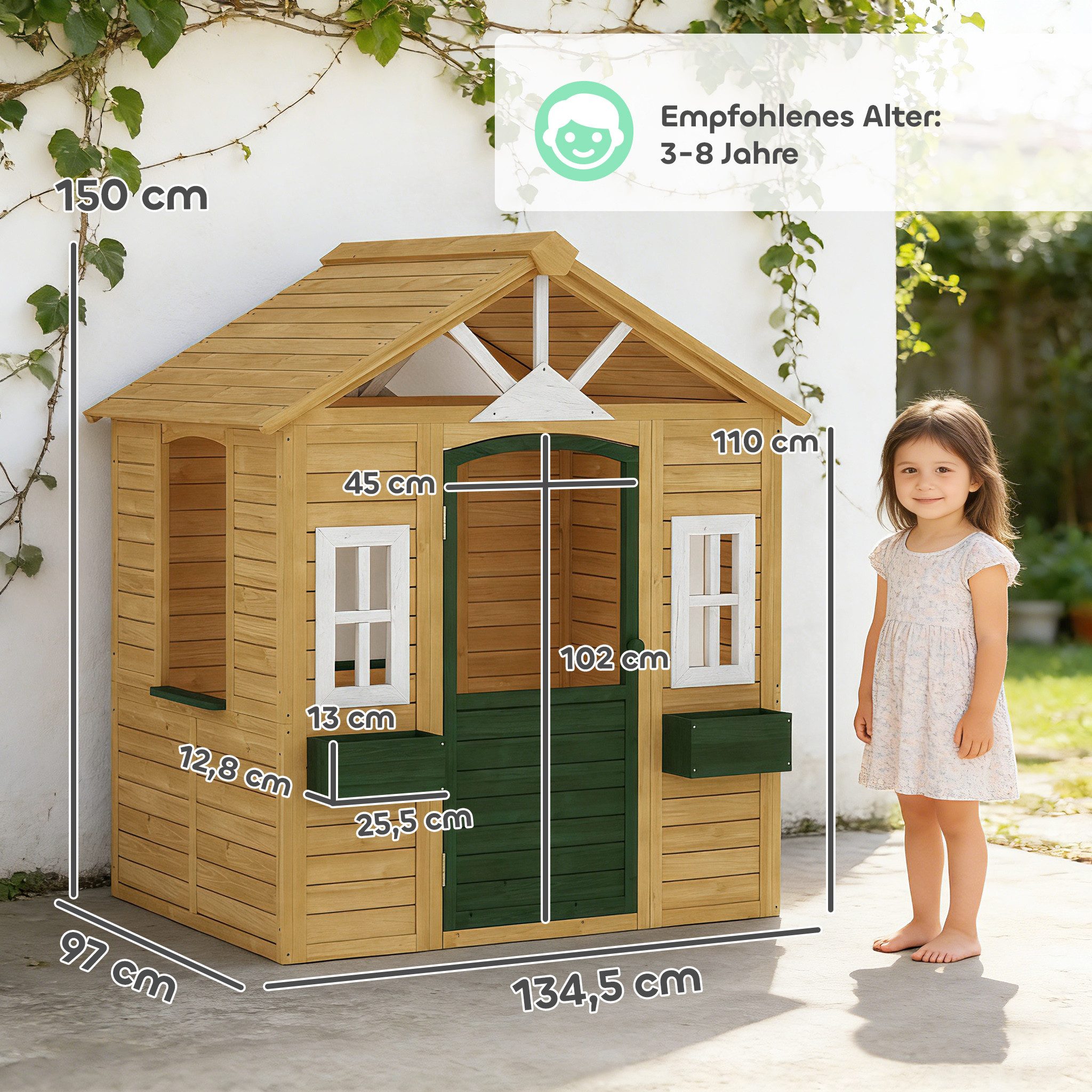AIYAPLAY Spielhaus Kinderspielhaus aus Holz Outdoor mit Tür 3 Fenster Gartenhaus, für Kinder von 3-8 Jahren 134,5 x 97 x 150 cm Braun