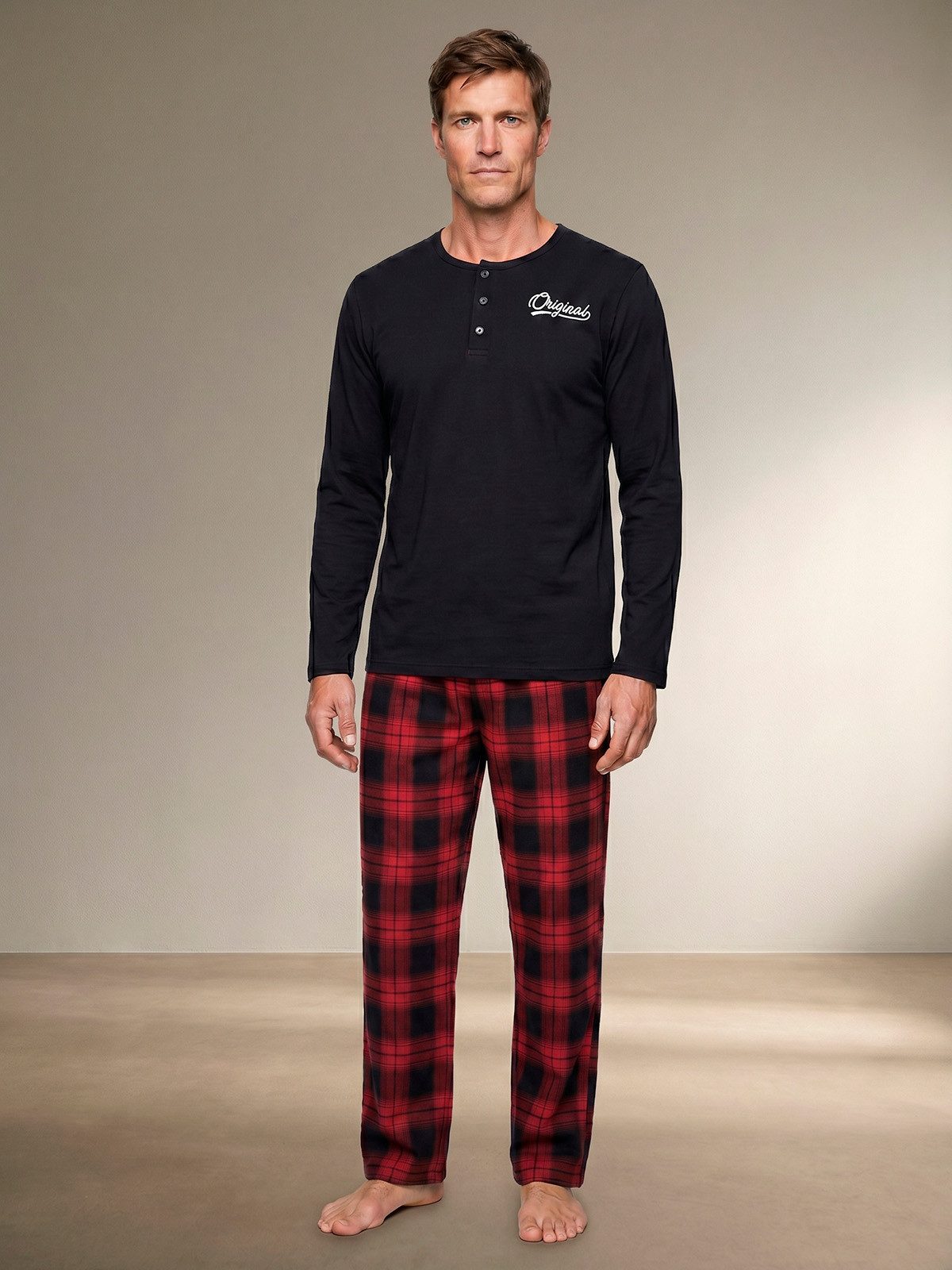 Pyjama Langarm - Karo Hose Shirt Unifarben mit Schriftzug Knopfleiste