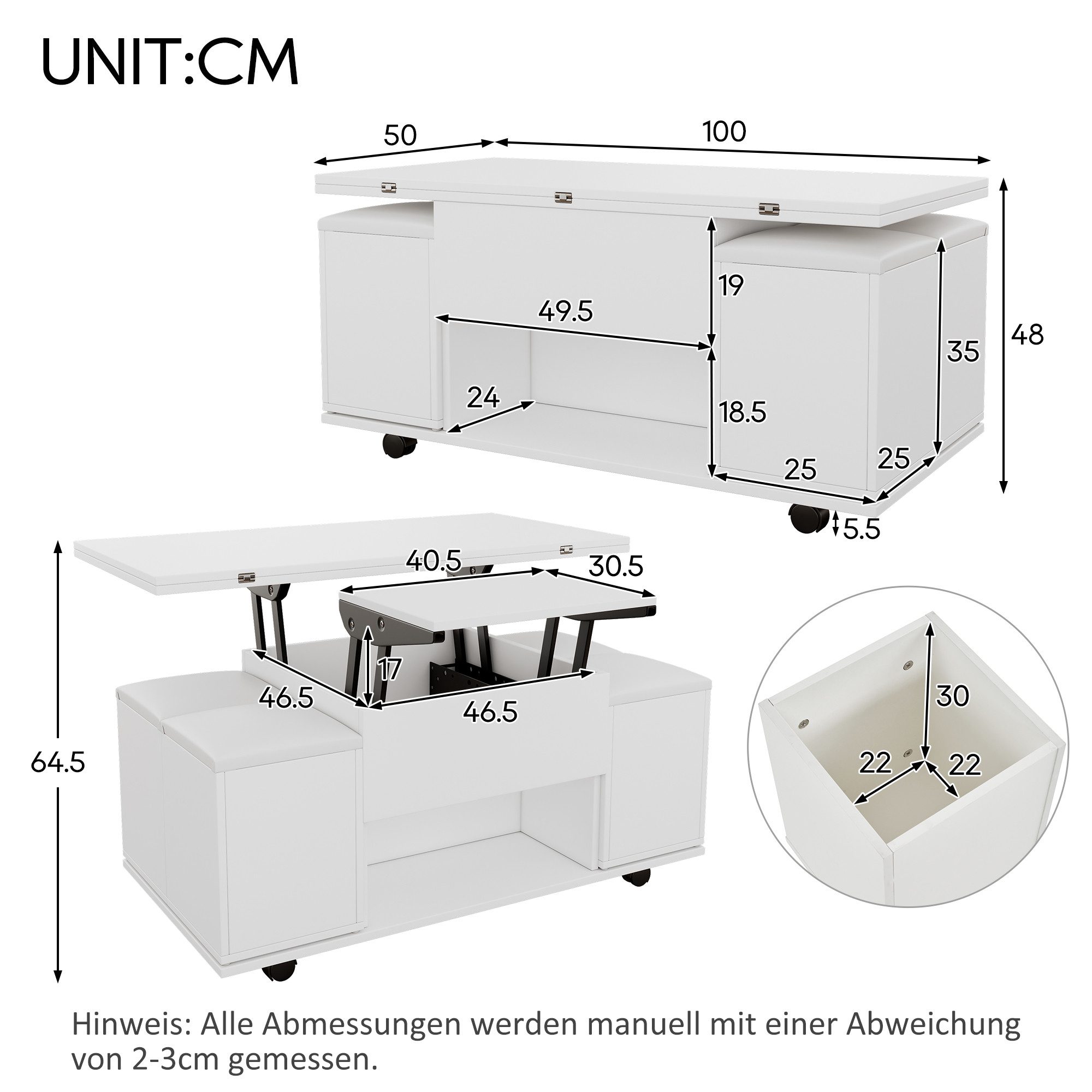 KLAM HOME Couchtisch Höhenverstellbarer Couchtisch Mit Anhebbarer Tischplatte Und Stauraum (Multifunktionaler Wohnzimmertisch In Weiß Mit 4 Integrierten Hockern), Moderner Esstisch Und Arbeitstisch 100x100cm