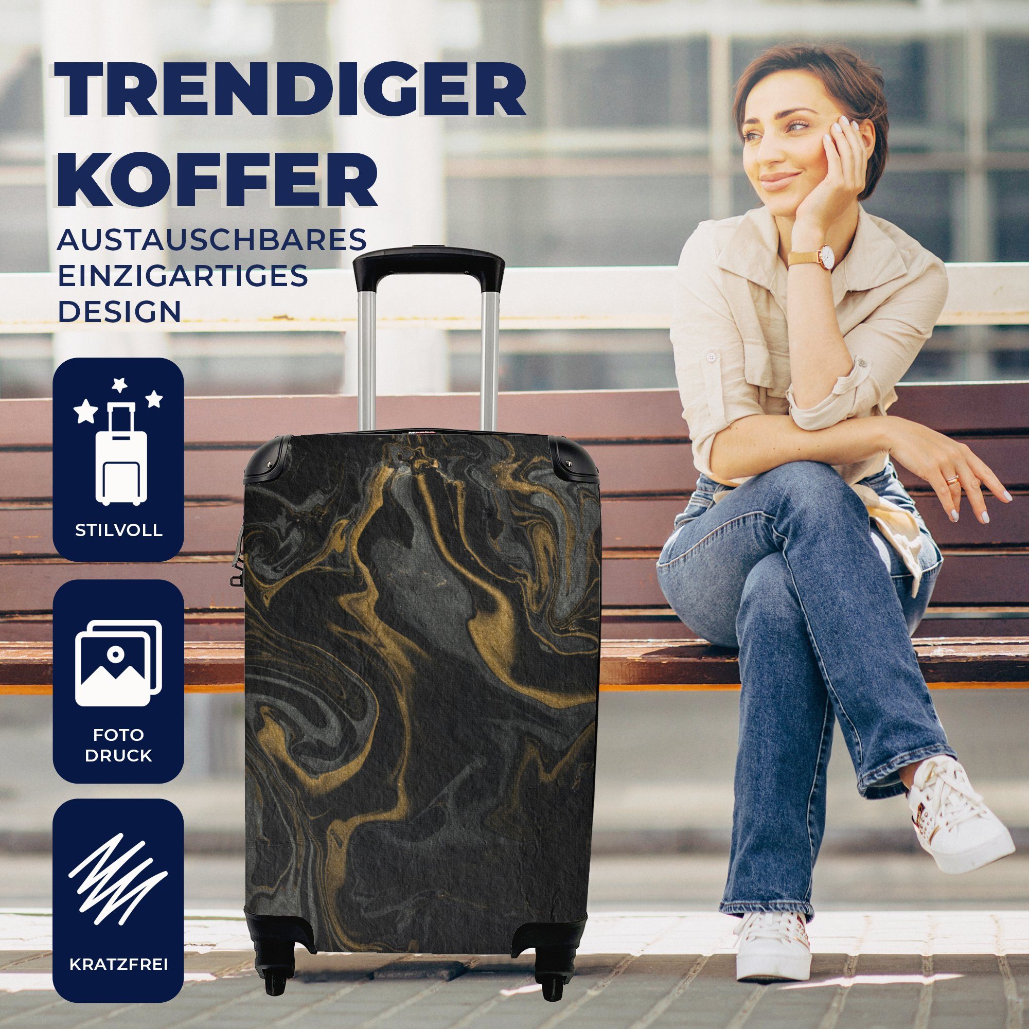- - - Reisekoffer Reisetasche Textur - Handgepäckkoffer Handgepäck Marmor für 4 MuchoWow Gold Grau Marmoroptik - rollen, Luxus, Trolley, Ferien, mit Rollen,