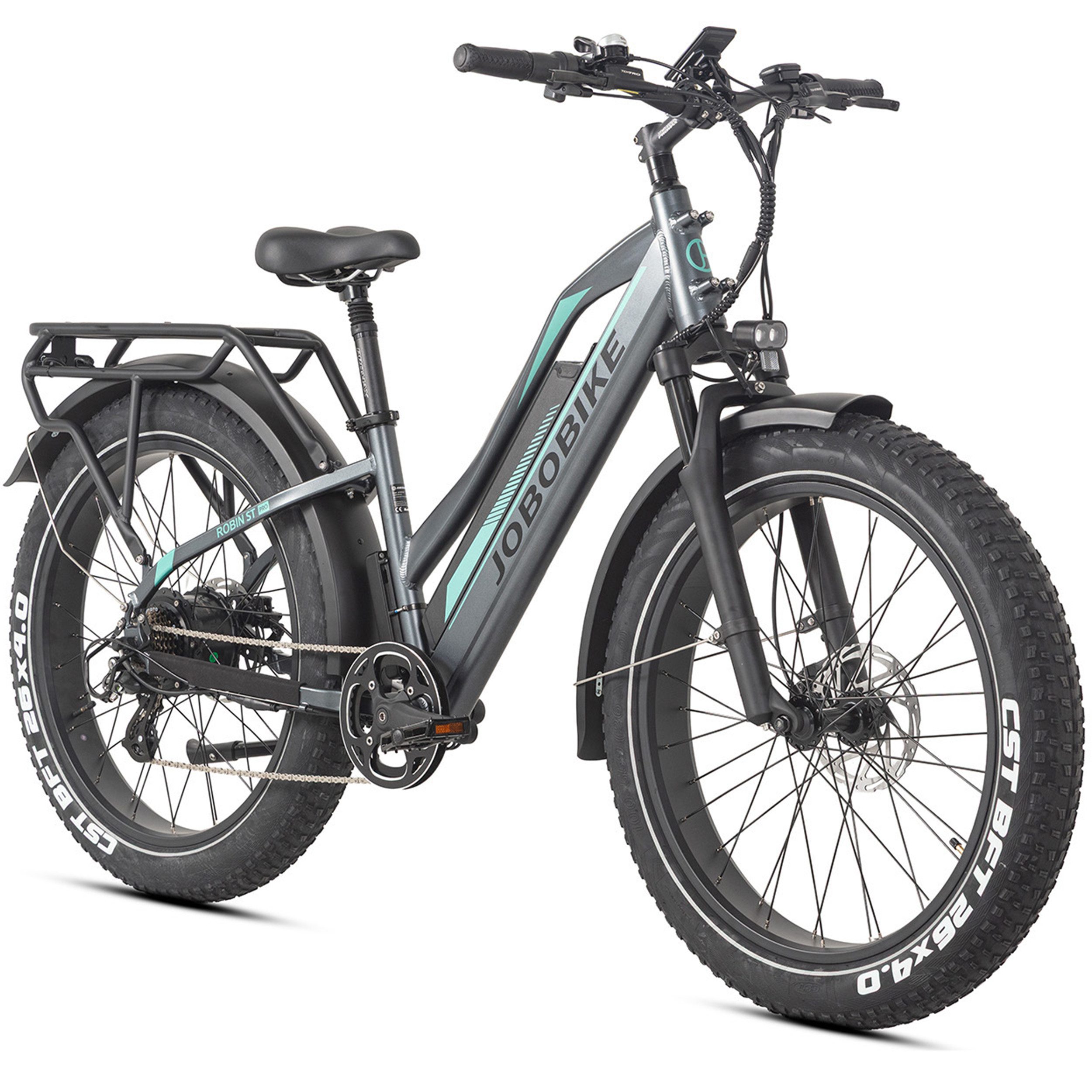 JOBOBIKE E-Bike Mountainbike 26x4 Zoll, bis zu 180km, mit Bremslicht- und Blinker, Fatbike, MTB, 7 Gang Shimano, Kettenschaltung, Heckmotor, 840 Wh, (LCD-Farbdisplay, für Asphalt, Schotter und Gelände, Aluminiumrahmen), 5 Stufen, Gefederte Sattelstütze, Elektrofahrrad für Damen und Herren