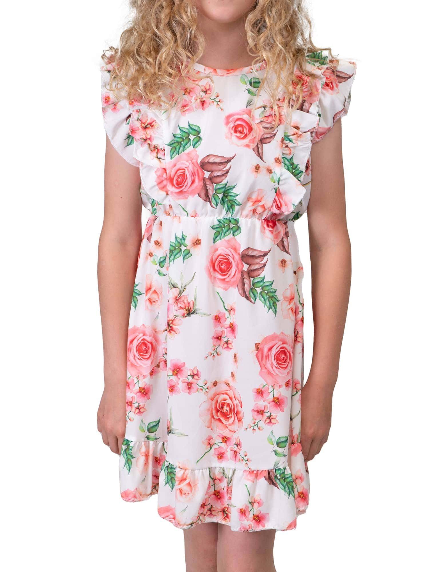 KMISSO bequem tragen Jerseykleid Mädchen Weiß (1-tlg) Kleid Rosenmotiv zu