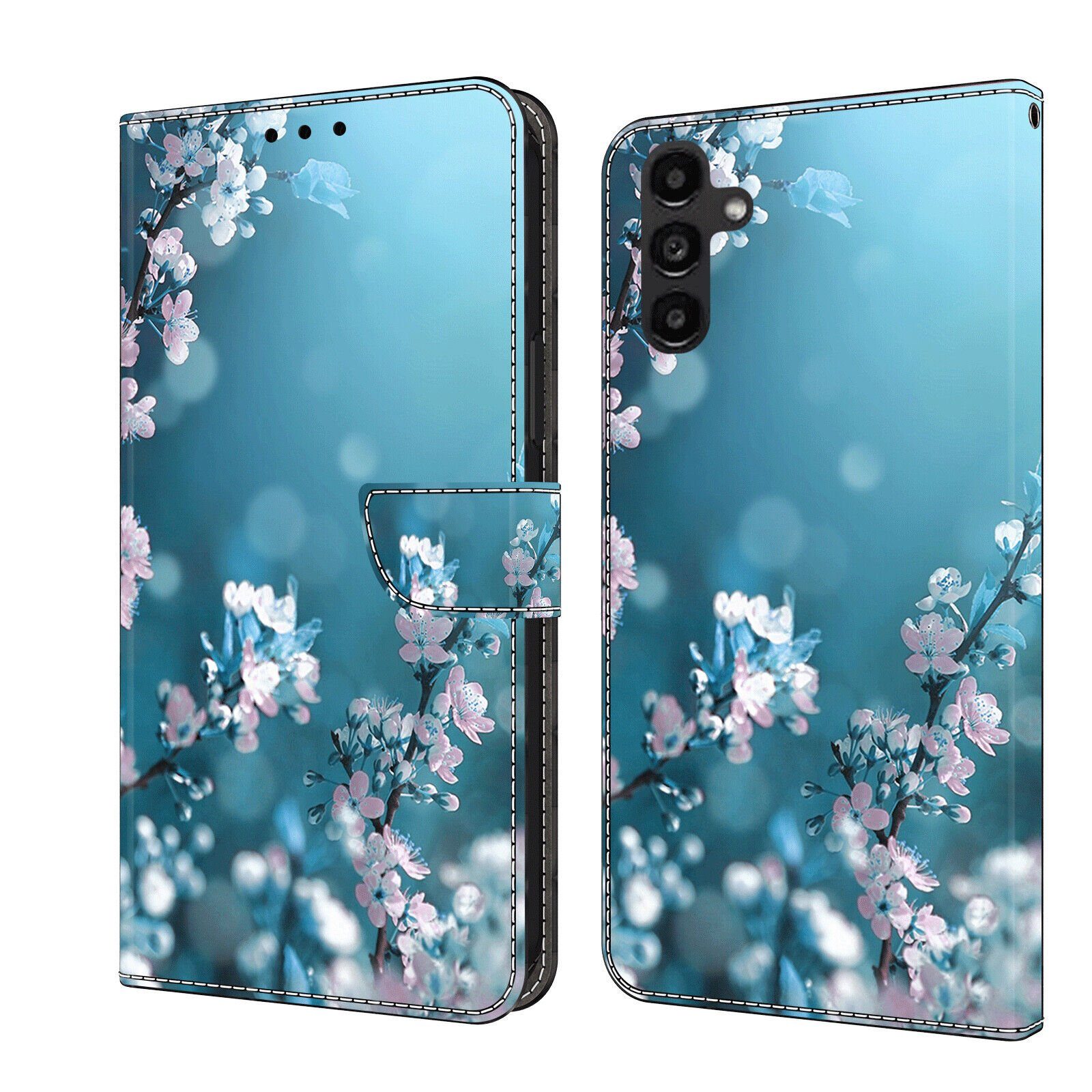 CLM-Tech Handytasche für Samsung Galaxy A16 / A17 5G Hülle aus Kunstleder Klapphülle (Pflaumenblüte blau, Handyhülle mit Standfunktion - Wallet Flip Case inklusive Kartenfächer), Cover mit Magnetverschluss