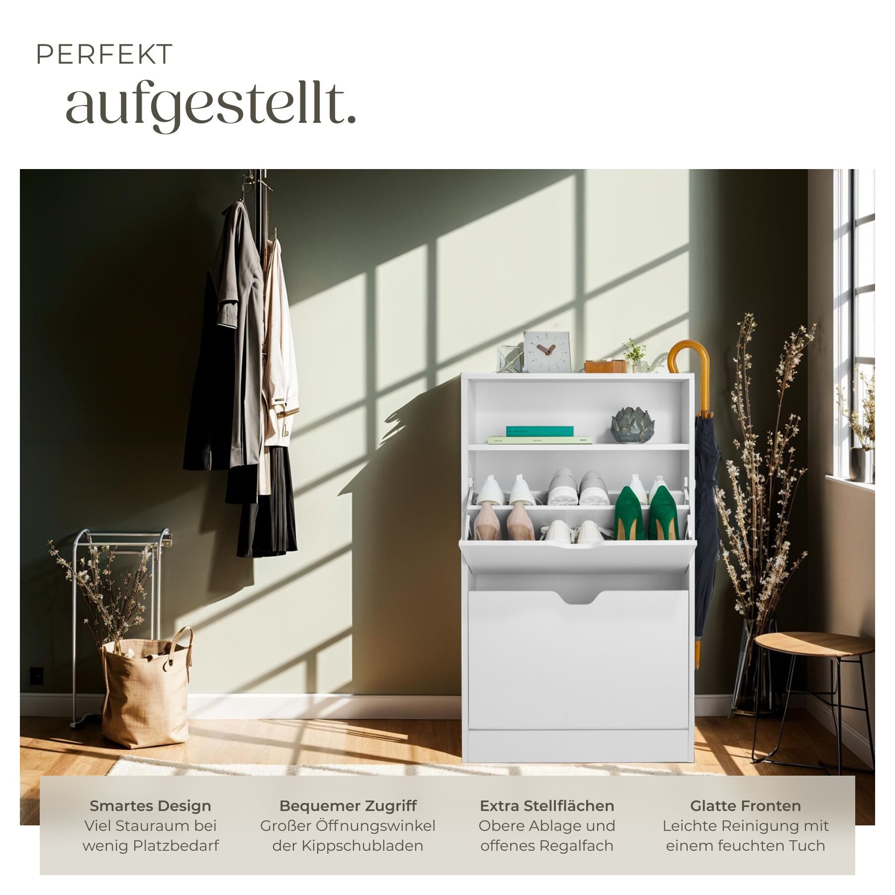 tectake Schuhschrank Schuhregal Calea mit 2 Kippfächern für 12 Paar Schuhe (Komplettset, 1-St., inkl. Schlüssel) für 12 Paar Schuhe