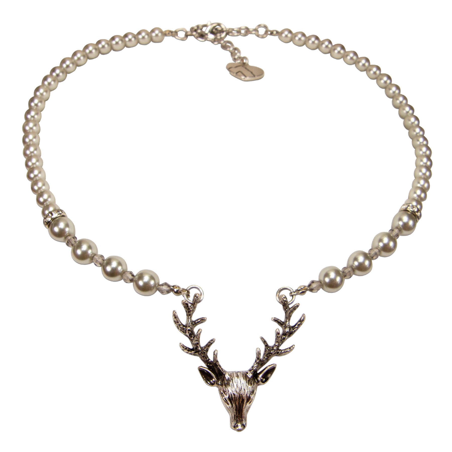 Alpenflüstern Collier Perlen-Trachtenkette Hirsch (silber-grau), - Damen-Trachtenschmuck mit Hirsch-Geweih, elegante Dirndlkette