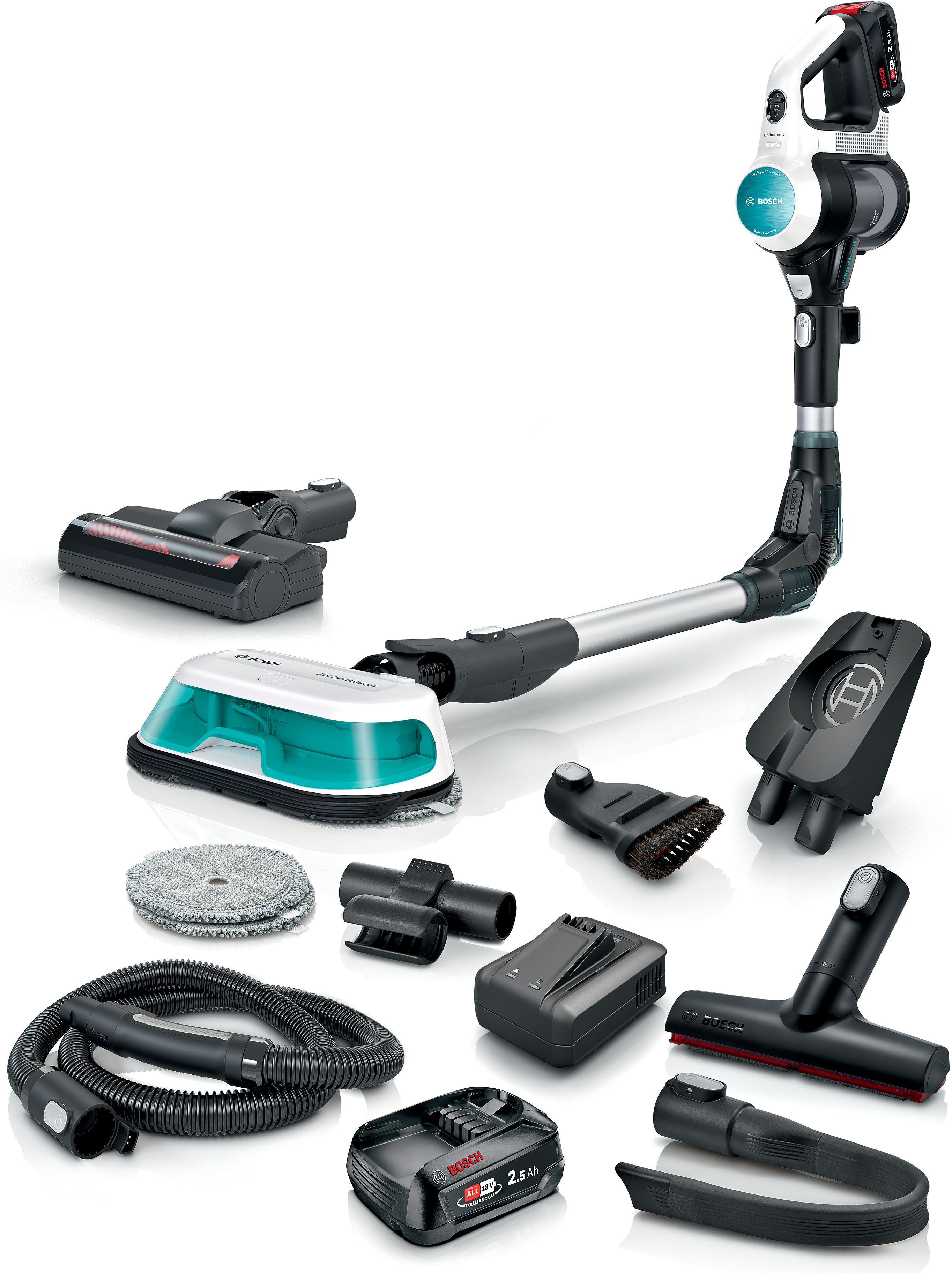 BOSCH Akku-Stielstaubsauger BSS712XHYG, beutellos, HEPA Filter, rotierende Wischpads, 2 Akkus, Schnellladegerät