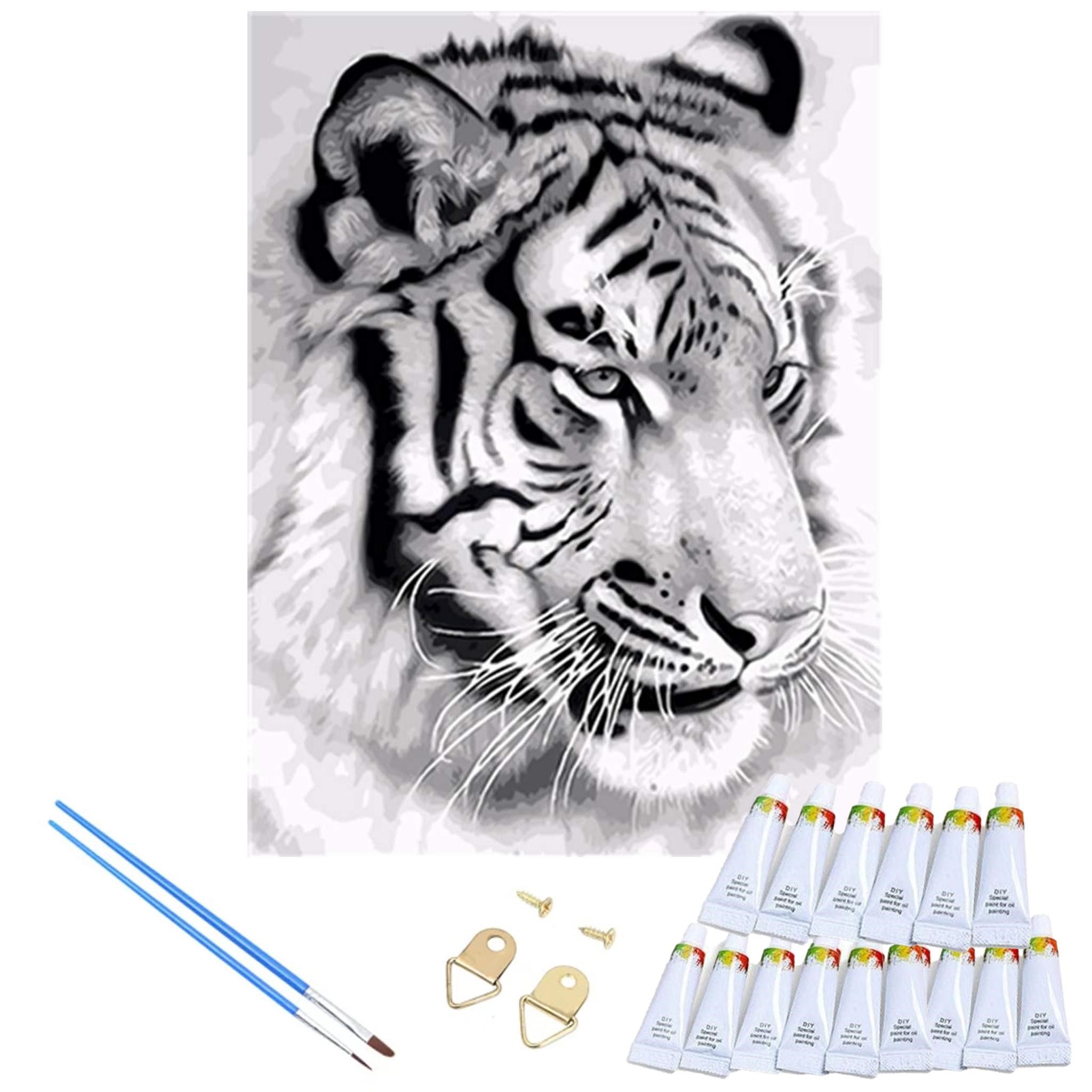 LA CUTE Malen nach Zahlen Tiger Malset – Kreatives Malen nach Zahlen mit Rahmen 30x40cm (Komplettes Malset: Kreatives Malen nach Zahlen mit Rahmen und Farben, Malen nach Zahlen Set: Leinwand 30x40cm, Acrylfarben, Pinsel, Rahmen), Tiger Malset: Hochwertige Leinwand 30x40cm mit Acrylfarben & Rahmen