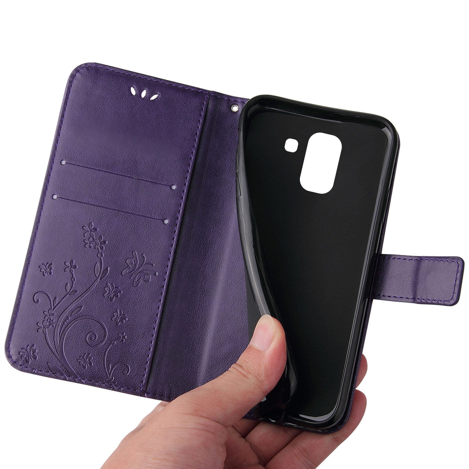 Tec-Expert Handyhülle Cover Tasche Hülle für Samsung Galaxy J6 5,6 Zoll, Klapphülle Case mit Kartenfach Fliphülle aufstellbar, Motiv Blumen