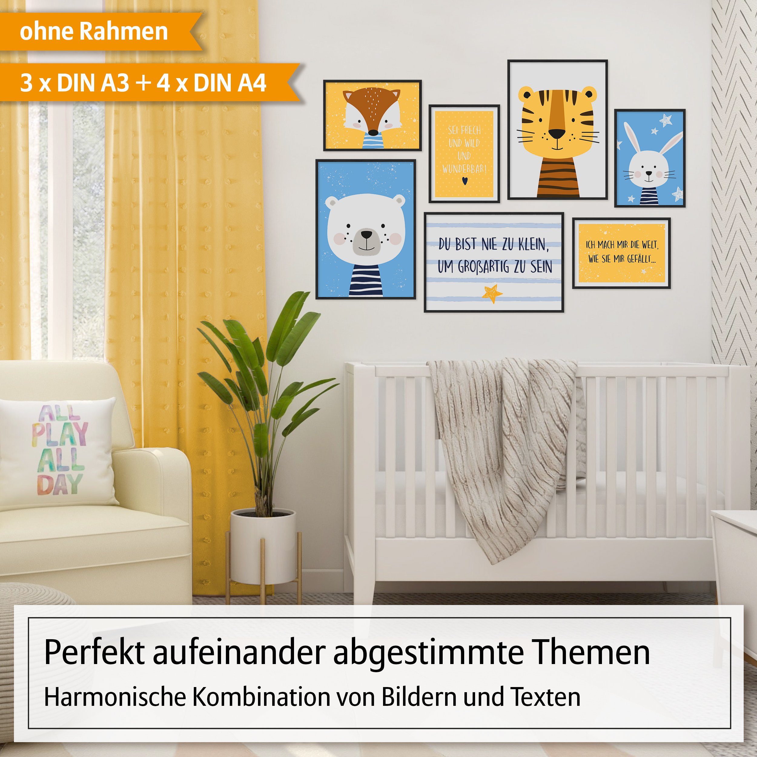 Hyggelig Home Poster Fuchs & Hase - Premium Poster Set OHNE & MIT Rahmen für Kinderzimmer, Tiere (Set, 7 St), Collage Tiergesichter Qualitätsdruck dickes Papier