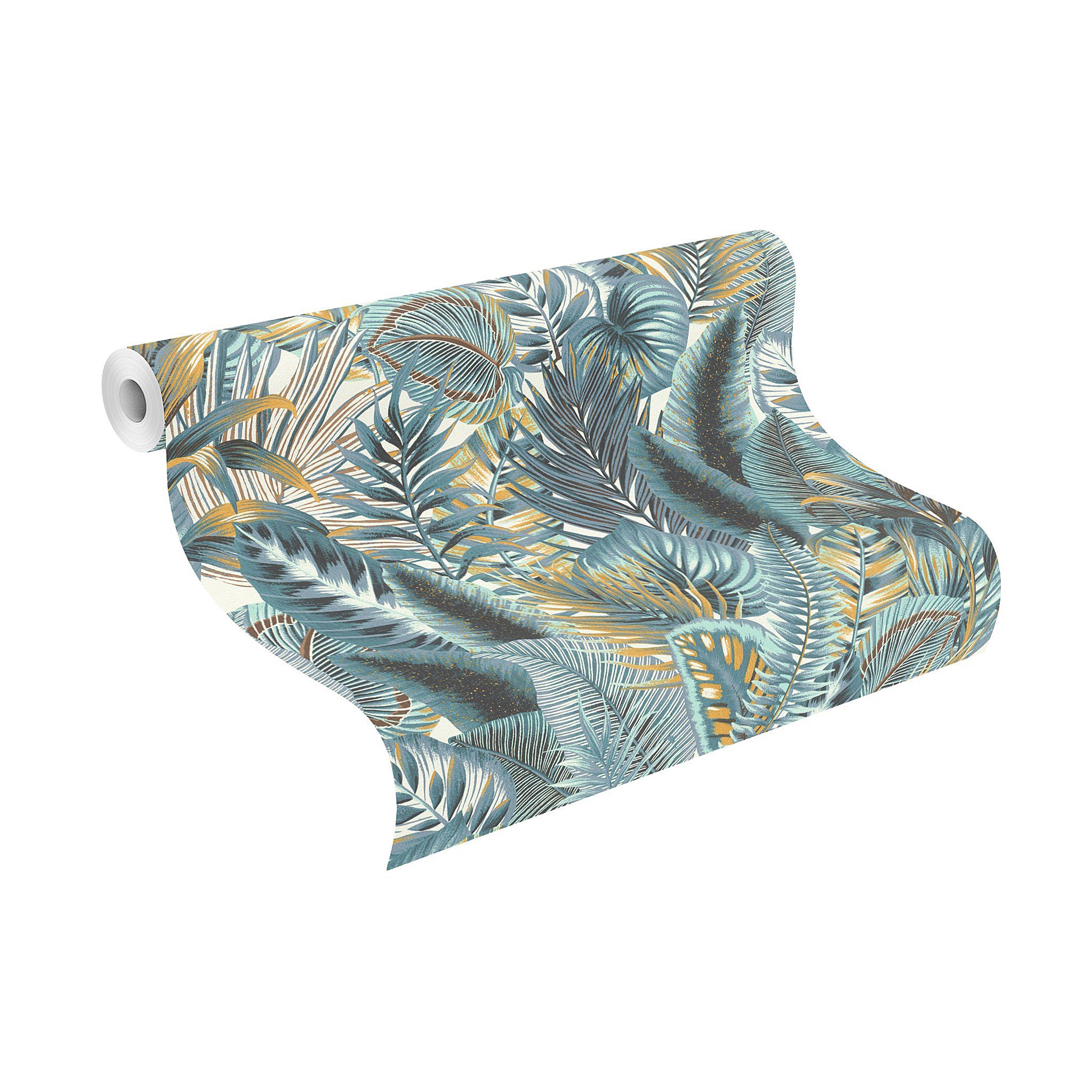 Rasch Vliestapete Blätter & Dschungel - Vliestapete Weiß Braun Blau, floral, bedruckt, (1 Rolle, 1 St., 10,05 m x 0,53 m), Lichtbeständige Farben - Feucht abwischbar - Restlost abziehbar