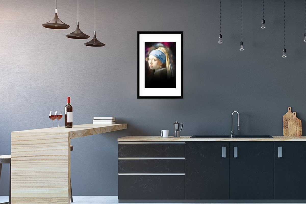 MuchoWow Poster Mädchen mit Perlenohrring - Johannes Vermeer - Ölgemälde, (1 St), mit Rahmen, Kunstdruck, Gerahmtes Poster, Schwarzem Bilderrahmen