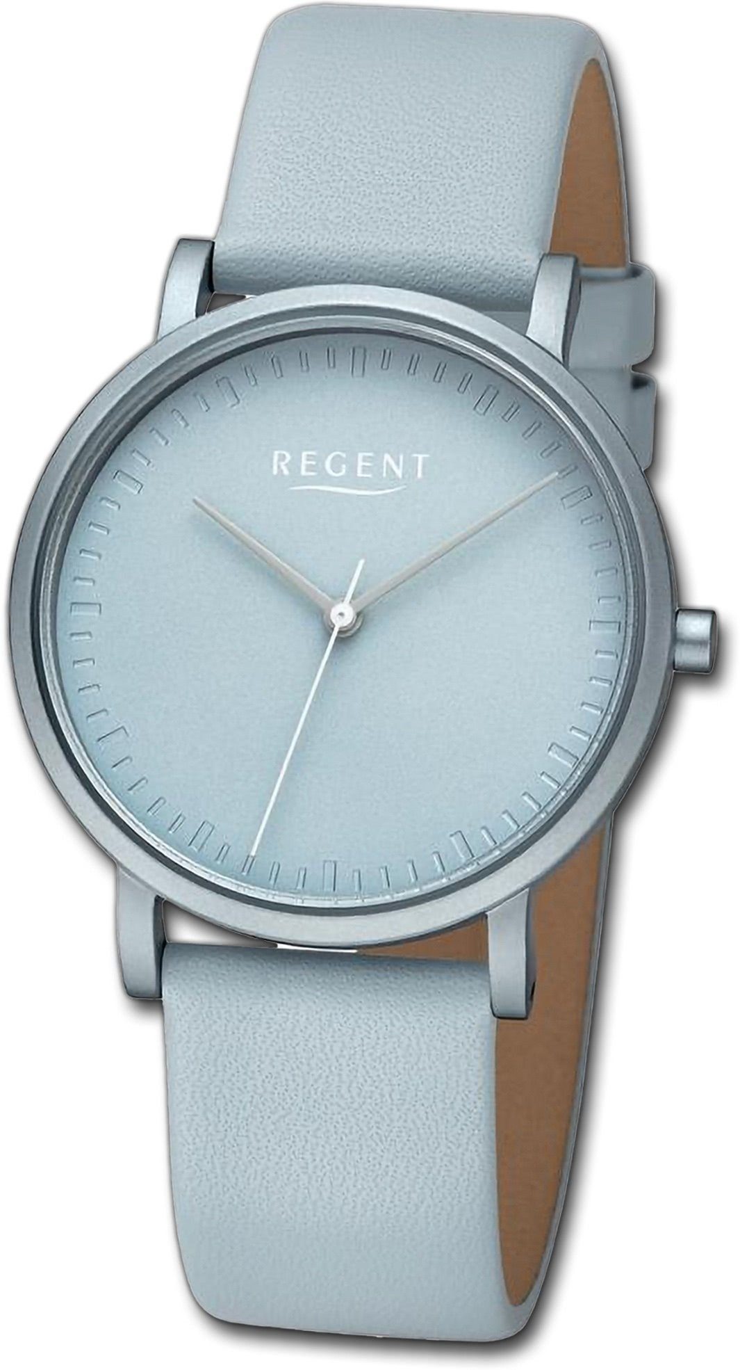 Regent Quarzuhr Regent Damen Armbanduhr Analog, Damenuhr Lederarmband graublau, rundes Gehäuse, extra groß (ca. 36mm)