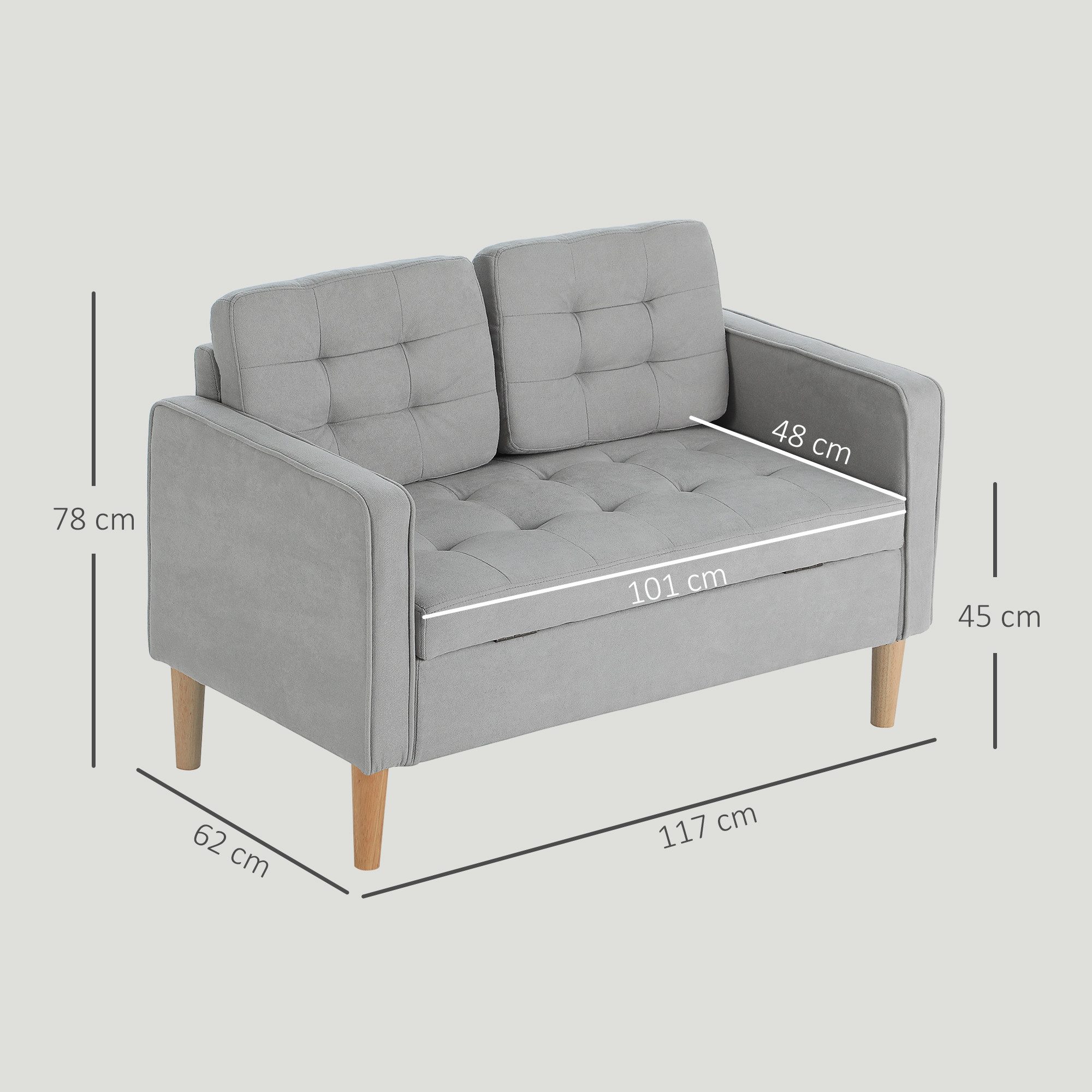 HOMCOM 2-Sitzer Couch mit Stauraum, Holzbeine, Polstersofa 1 Teile, für Wohnzimmer, Hellgrau
