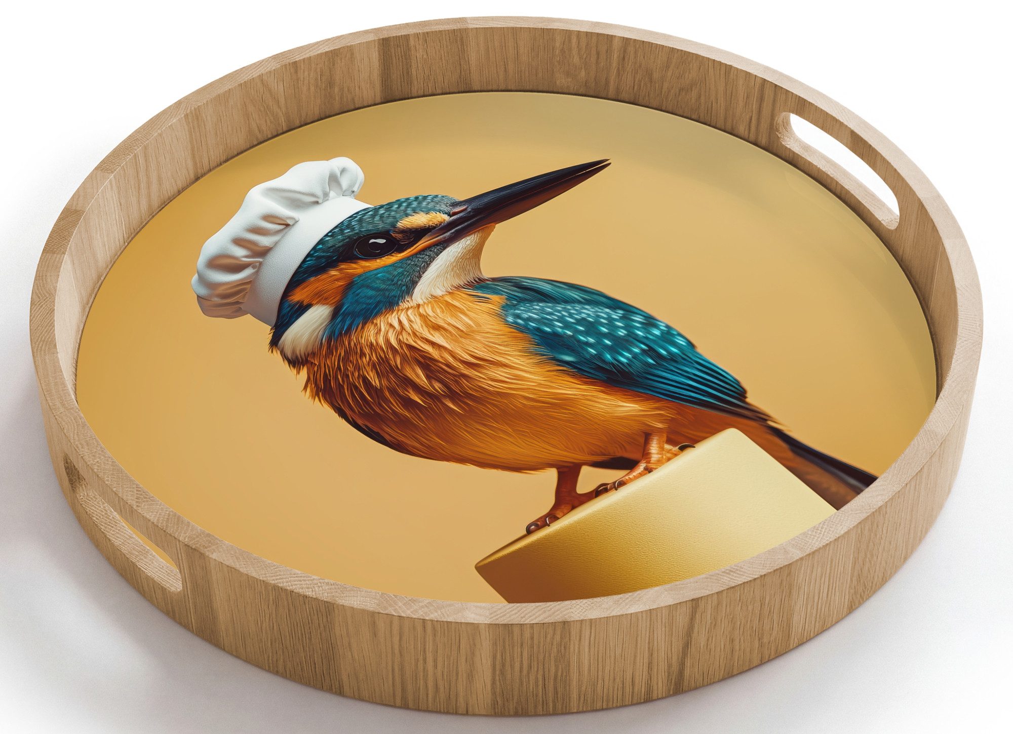 OnlyWow Tablett Rund mit Henkel Eisvogel - Säule - Kochmütze - Vogel, Eichenholz, (1-tlg), Siervierplatte, Tray, Frühstücksbrett