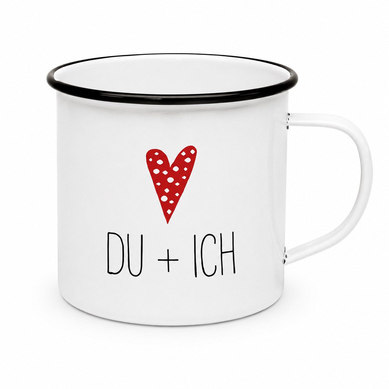PPD Tasse Retro Metall Tasse DU + ICH mit Herz 400 ml Geschenk für Paare, Metall pulverbeschichtet in Emaille-Optik