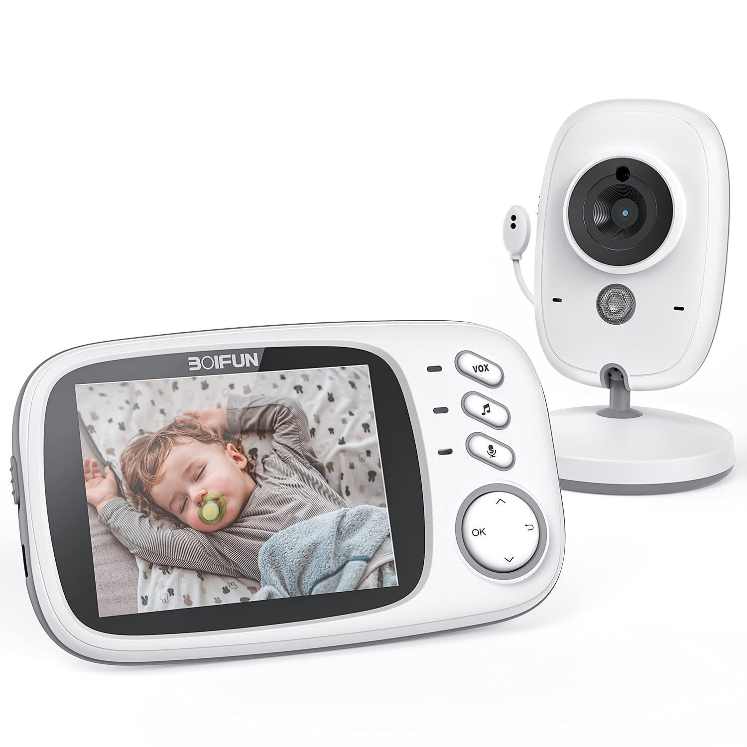 Boifun Babyphone Babyphone mit Kamera VOX Babyfon Nachtsicht Baby Video Überwachung, Babyphone mit Kamera,3.2 Zoll Digital LCD Bildschirm Wireless,Wecker, Gegensprechfunktion,Wiederaufladbar,Gegensprechfunktion, 8 Wiegenlieder,Fütterung salarm,Präzisere externe Temperatursensoren