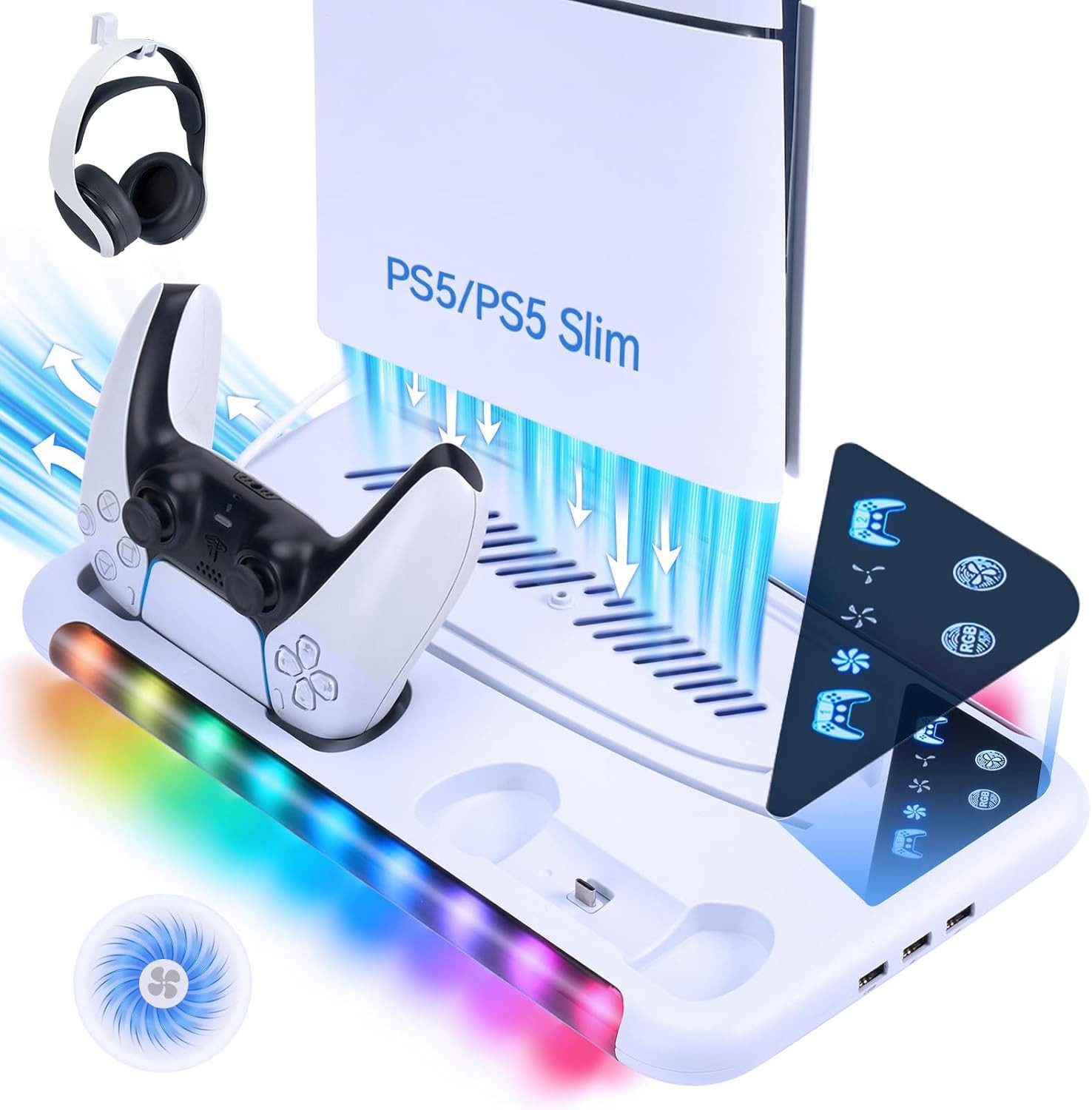 home trends PS5 Slim Ständer mit Kühlstation & Controller Ladestation Controller (Set, 1 St., PS5 Zubehör mit 3-stufigem Lüfter, RGB LED & Headset Halter)