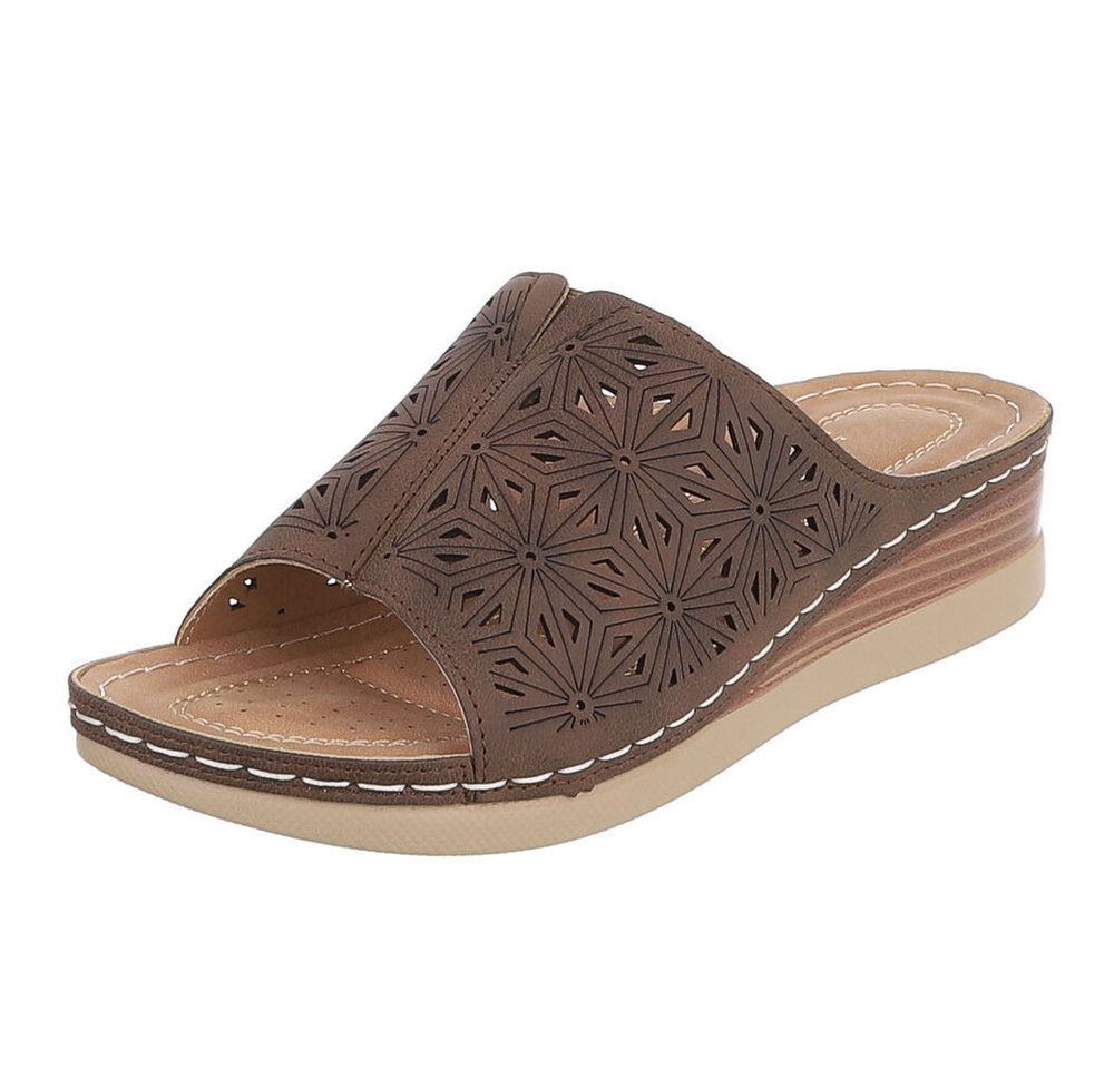 Ital-Design Damen Pantolette mit Lochprägung und Keilsohle Pantolette (91849294) Keilabsatz/Wedge Keilsandaletten in Braun