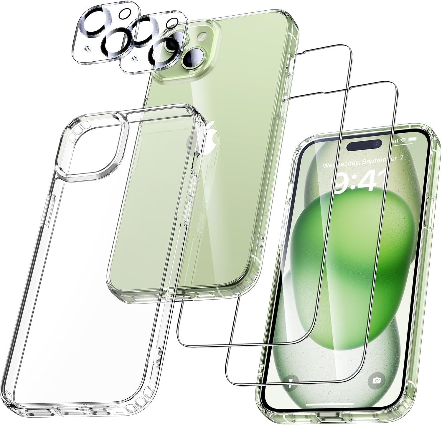 KUGI Smartphone-Hülle 5 in 1 Hülle für iPhone 15 6.1 Zoll 1 Handyhülle mit 2 Stück Panzer Schutz Glas, 2 Stück Objektivschutzfolie, Dünn Transparent Stoßfest Schutzhülle Kratzfest Case