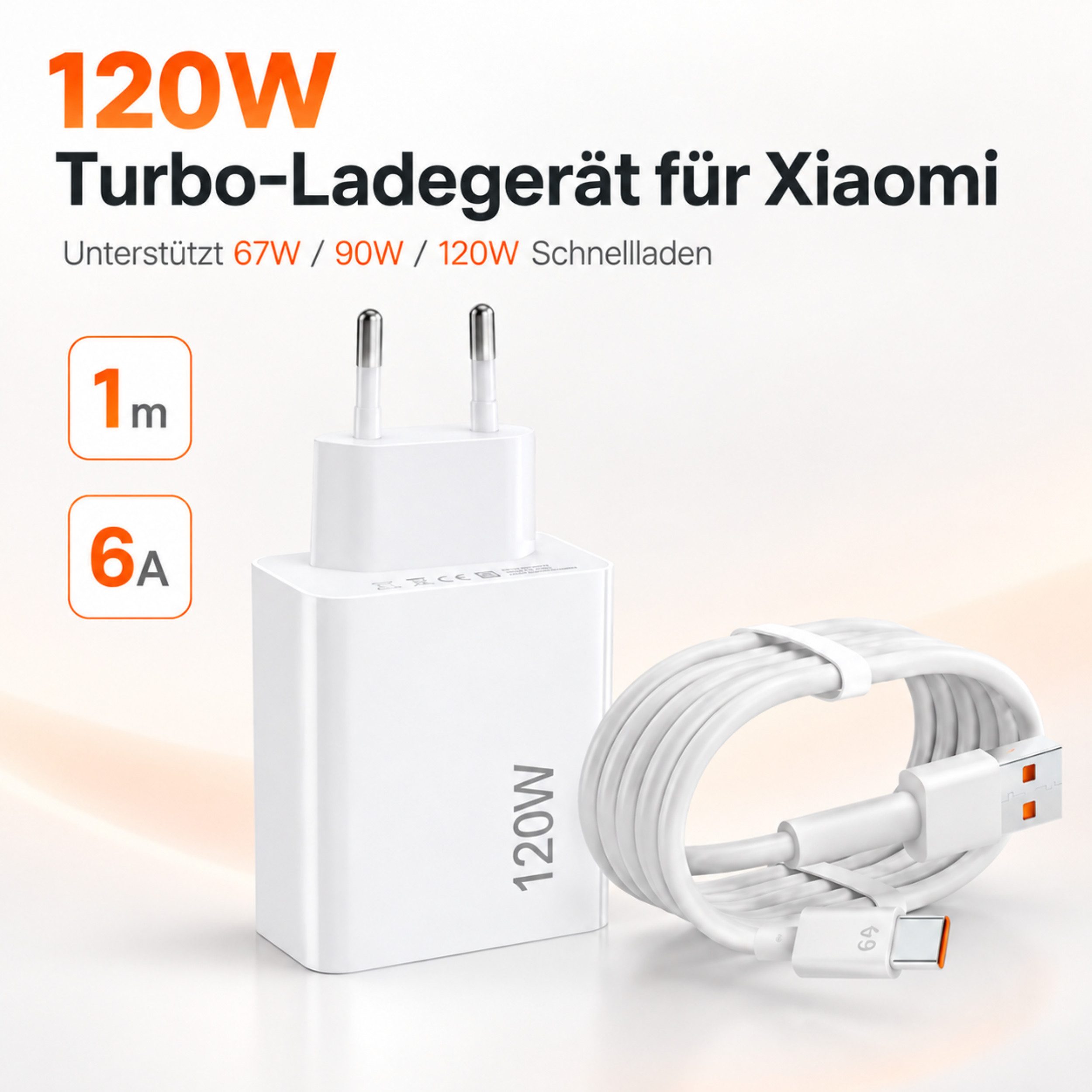 PlugUp 120W Hyper Charger Xiaomi USB-C Ladegerät 67W/90W/120W Smartphone-Ladegerät (6000 mA, Set, Inkl. 1m 6A USB-A auf USB-C Ladekabel, HyperCharger für Xiaomi – Bild 2 von 5