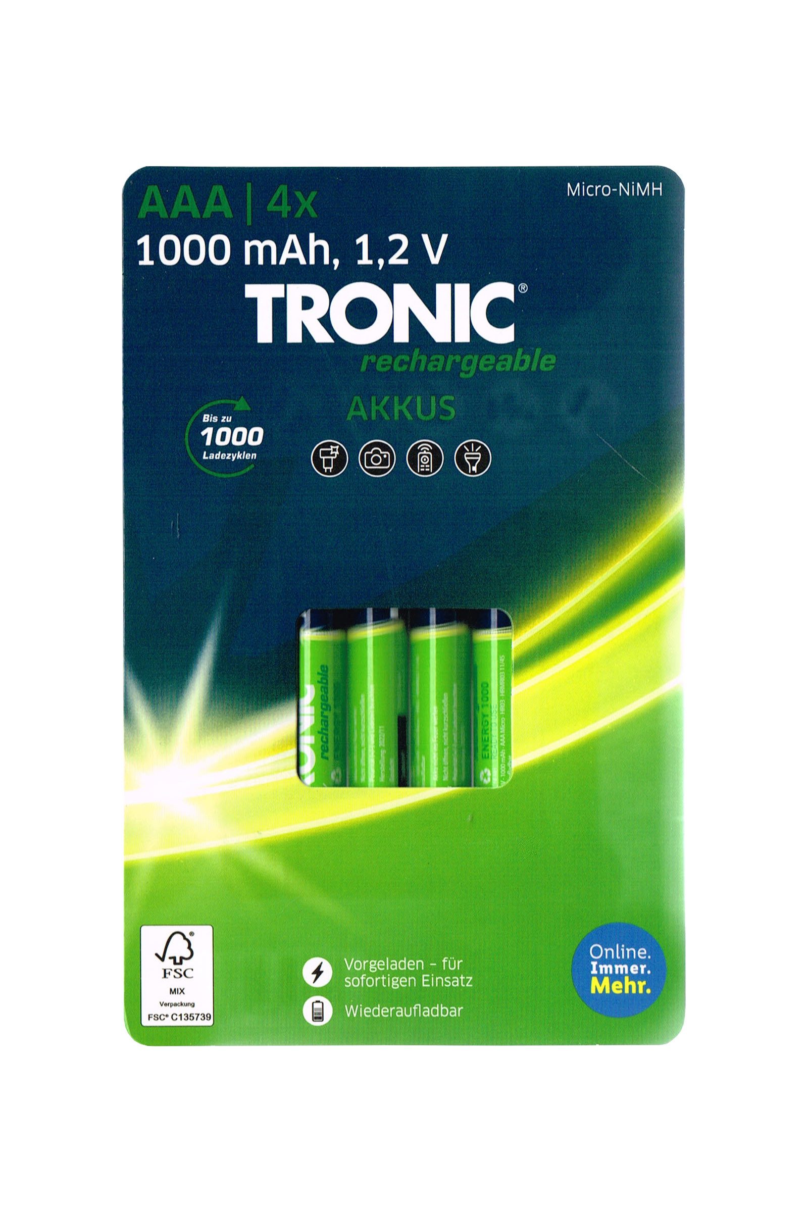 Tronic Tronic Akku Ni-MH 4 Stück, bis zu 1000x Wiederaufladbar AAA Akku Micro 1000 mAh (1,2 V, 4 St), vorgeladen, schnellladefähig, geringe Selbstentladung