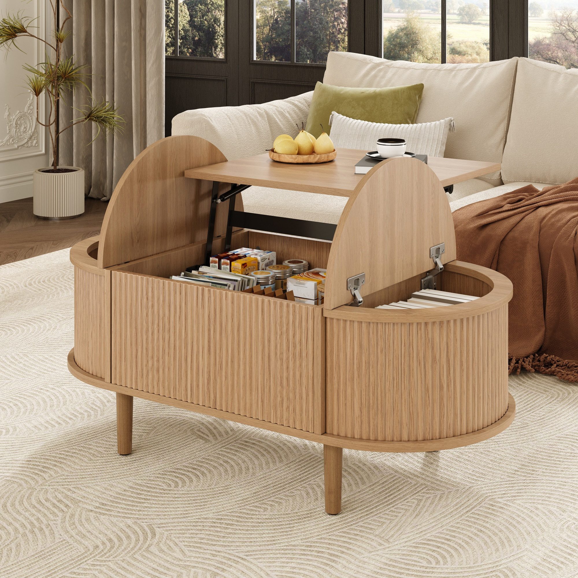 Merax Couchtisch verstellbarer Beistelltisch Ovaler Wohnzimmertisch im Vintage-Stil (100 × 48 × 53,5 cm, 1-St), Sofatisch mit höhenverstellbarer Tischplatte & versteckten Stauräumen